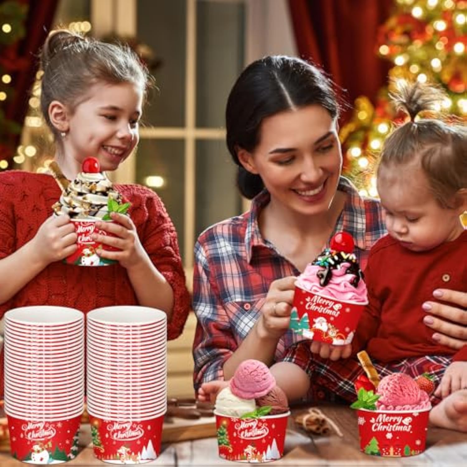 100 Pcs Christmas Treat Snack Cups 12 Oz Xmas Themed Paper Treat Food Disposable Bowls Holiday Ice Cream Snack Bowls For Parties Merry Christmas Paper Dessert Cups (Classic)