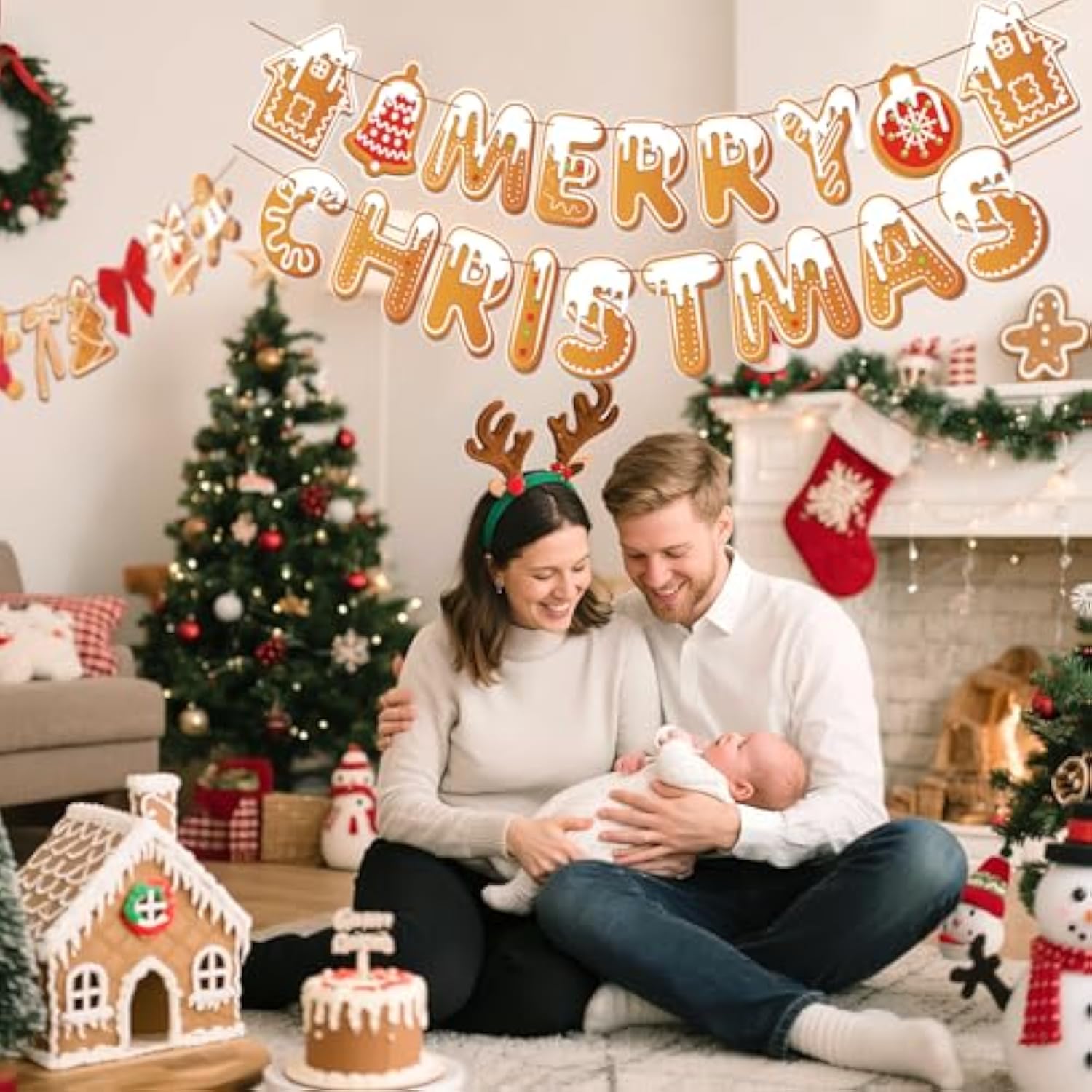 Gingerbread Christmas Decoration Merry Christmas Banner,3 Pcs Gingerbread Christmas Garland,Xmas Backdrop Cute Hanging Decor For Wall, Tree, Door, Yard, Home, Office, Indoor Outdoor.