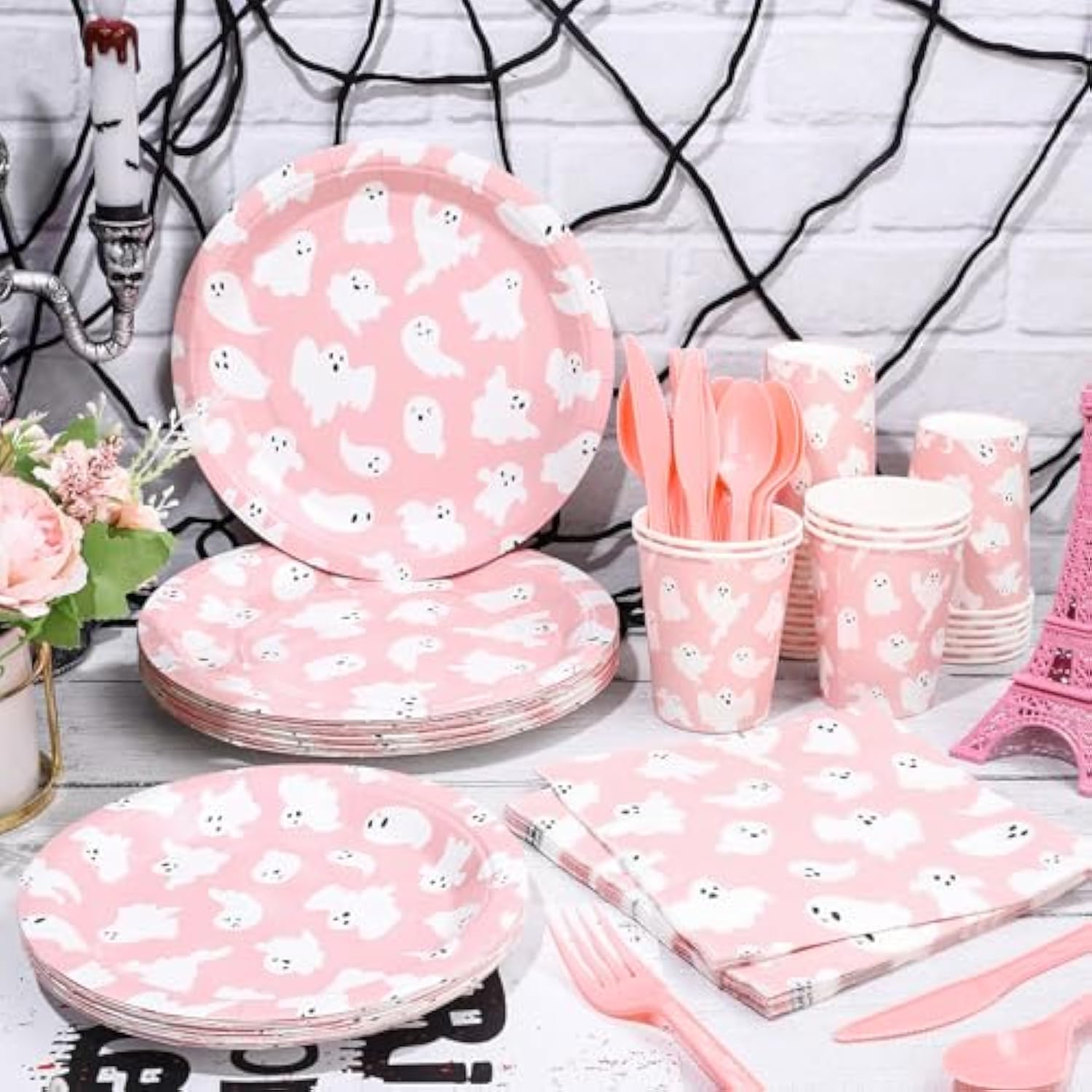 168Pcs Halloween Ghost Tableware Set Pink Boo Plates Napkins Cups Cutlery for 24 Guests