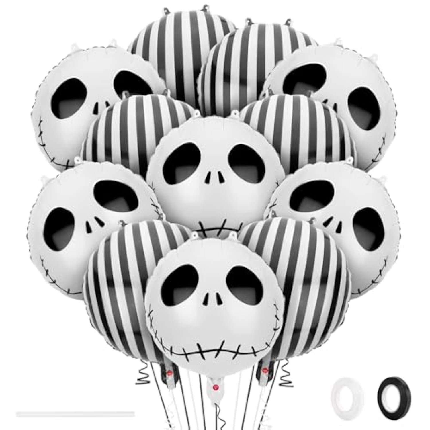12 Pcs Halloween Skull Foil Black And White Striped Balloons(18 Inch) Nightmare Honor Theme Birthday Party Decorations Spooky Ghost Skeleton Cat Baby Shower Day Of The Dead Indoor Outdoor Decor