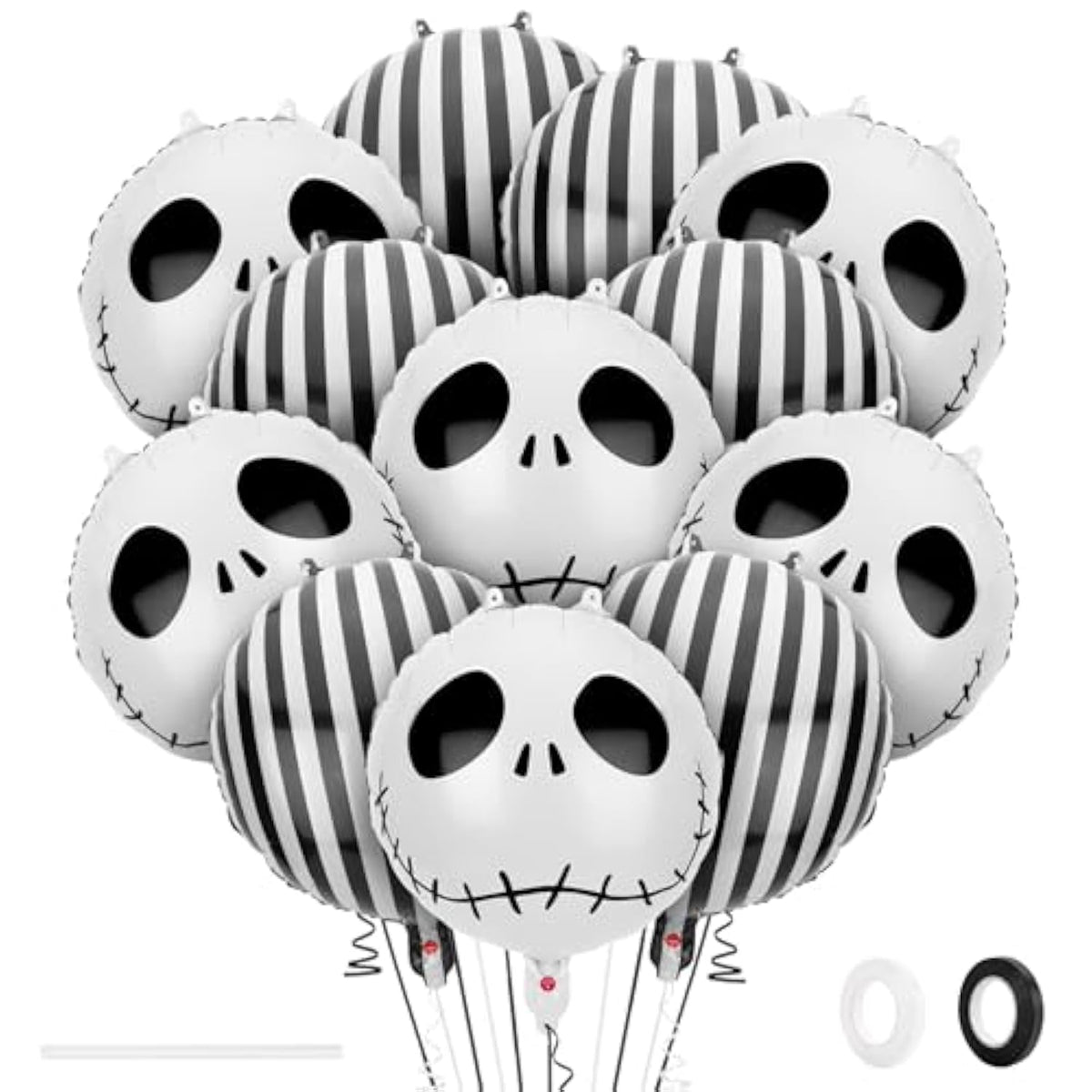12 Pcs Halloween Skull Foil Black And White Striped Balloons(18 Inch) Nightmare Honor Theme Birthday Party Decorations Spooky Ghost Skeleton Cat Baby Shower Day Of The Dead Indoor Outdoor Decor