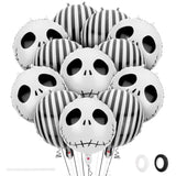 12 Pcs Halloween Skull Foil Black And White Striped Balloons(18 Inch) Nightmare Honor Theme Birthday Party Decorations Spooky Ghost Skeleton Cat Baby Shower Day Of The Dead Indoor Outdoor Decor