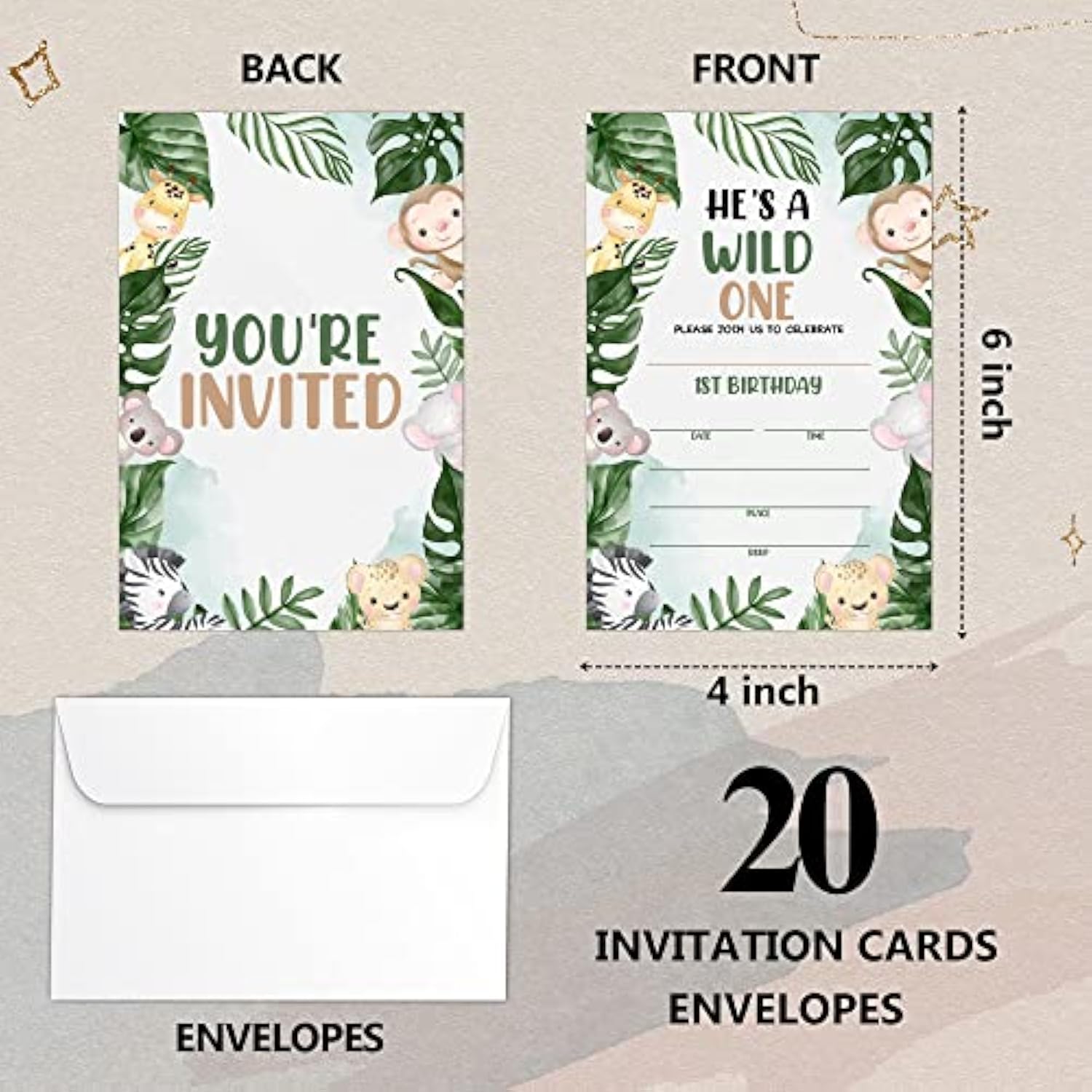 Jungle Animal 1St Birthday Fill-In Invitations Cards With Envelopes (20 Count)?Safari Wild One Birthday Party Supplies Decorations, Birthday Invites For Boys/Girls - A51
