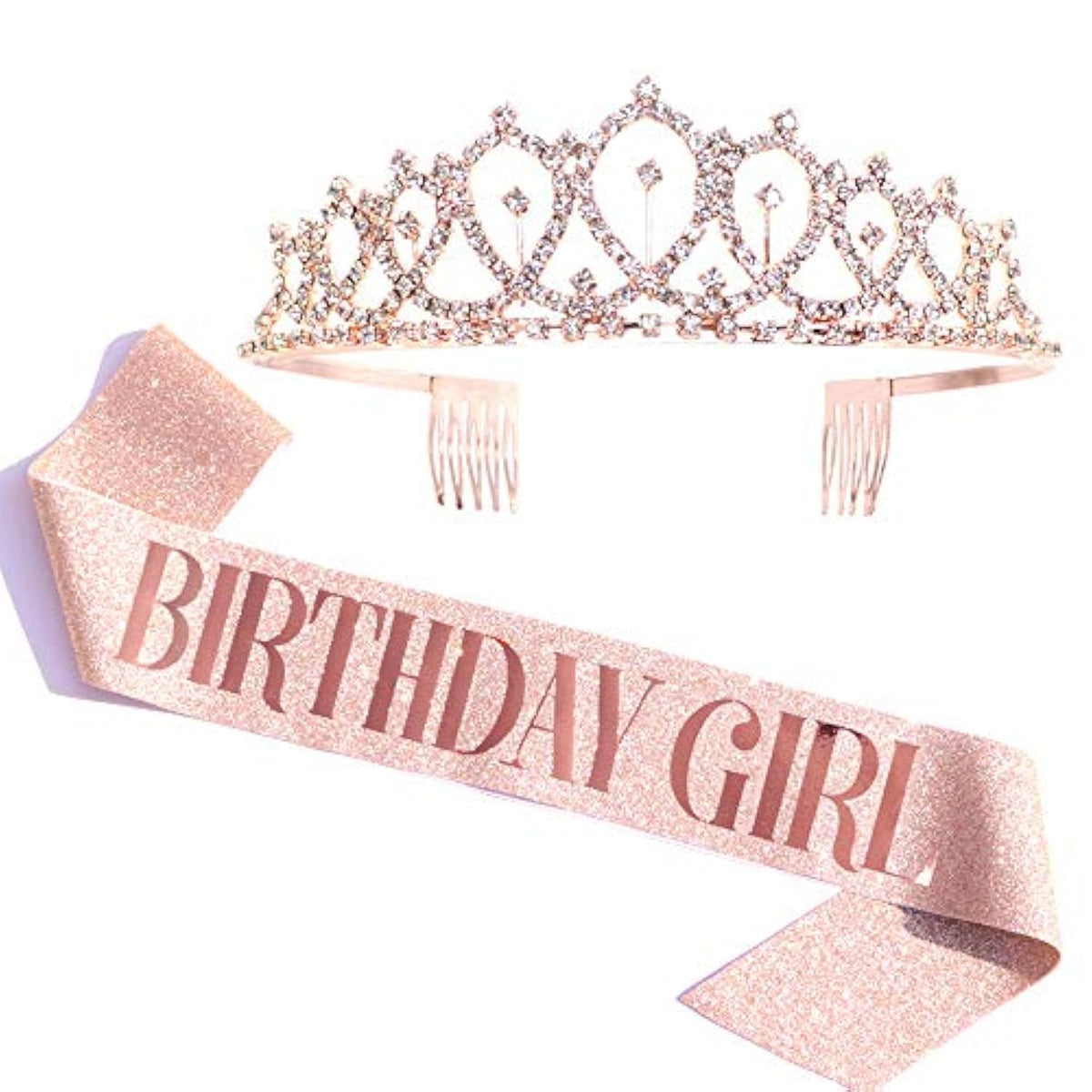 Rose Gold Birthday Girl Sash & Rhinestone Tiara Set – Glitter Party Accessories and Gifts