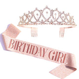Rose Gold Birthday Girl Sash & Rhinestone Tiara Set – Glitter Party Accessories and Gifts