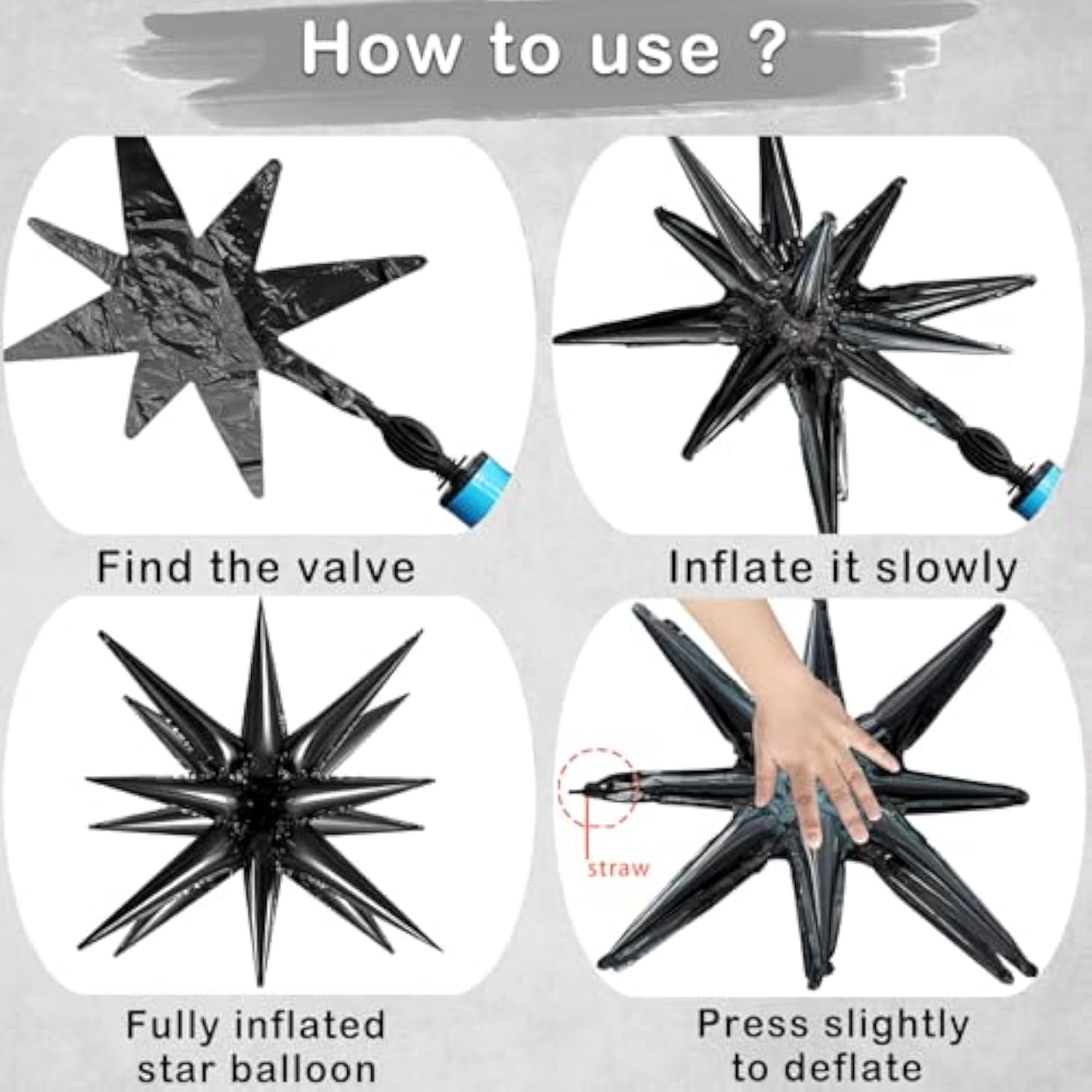 20 Pcs 27"22" Explosion Star Foil Balloons - 12 Point And Four Pointed Black Spike Balloons For Party Supplies, Christmas, Birthday, Wedding, Photo Booth (Black)