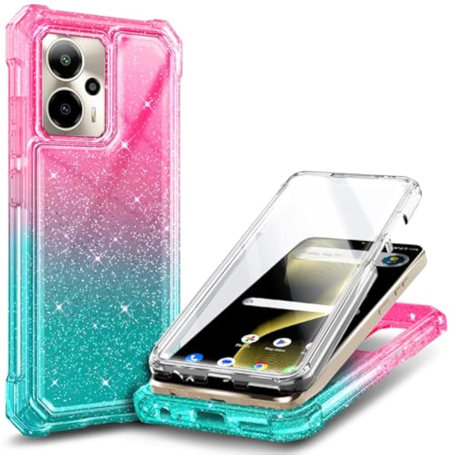 For Cricket Outlast 5G 2024 Case, At&T Motivate Pro 5G With [Built-In Screen Protector], [9Ft Military Grade Drop Tested] Full-Body Protective Shockproof Bumper Case (Glitter Pink/Aqua)