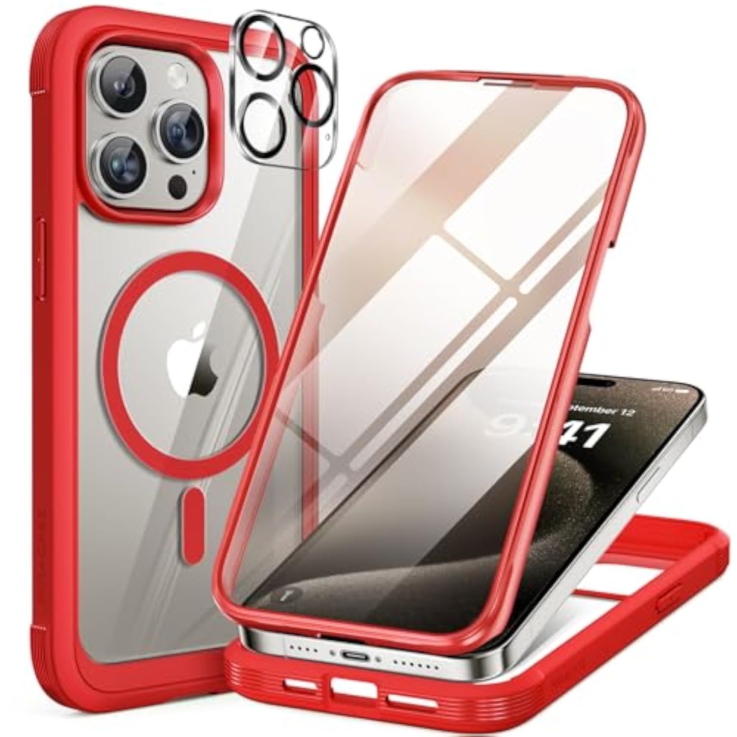 Magnetic For Iphone 15 Pro Max Case 6.7'' [Compatible With Magsafe] Full-Body Military Drop Proof For Iphone 15 Promax Case With Built-In 9H Tempered Glass Screen Protector,Red