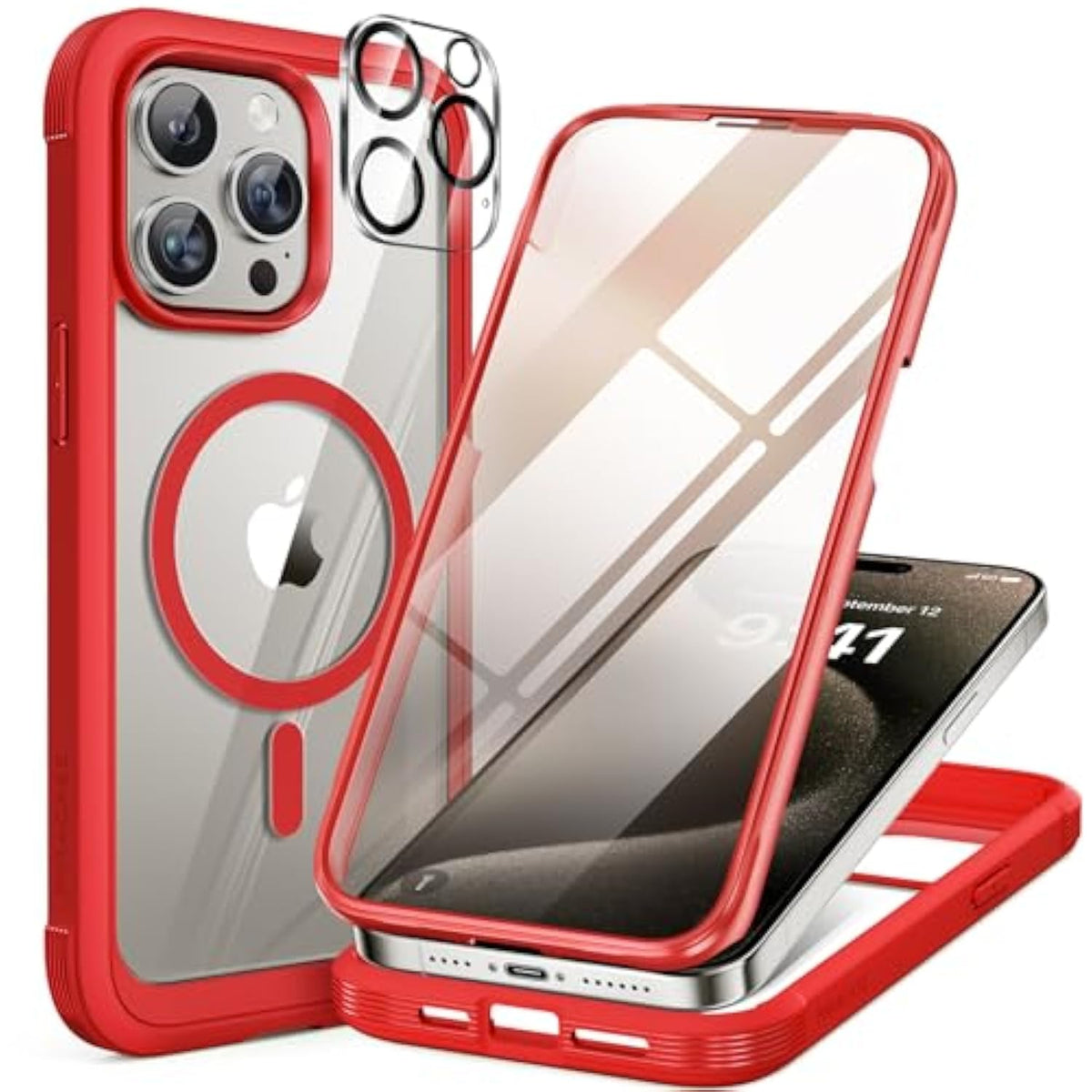 Magnetic For Iphone 15 Pro Max Case 6.7'' [Compatible With Magsafe] Full-Body Military Drop Proof For Iphone 15 Promax Case With Built-In 9H Tempered Glass Screen Protector,Red