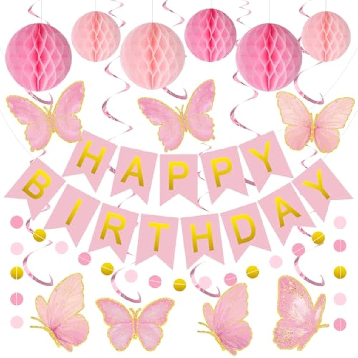 Butterfly Birthday Party Banner Pink Butterfly Hanging Decoration Set For Girls Include Hanging Swirl Streamers Honeycomb For Birthday Party Supplies