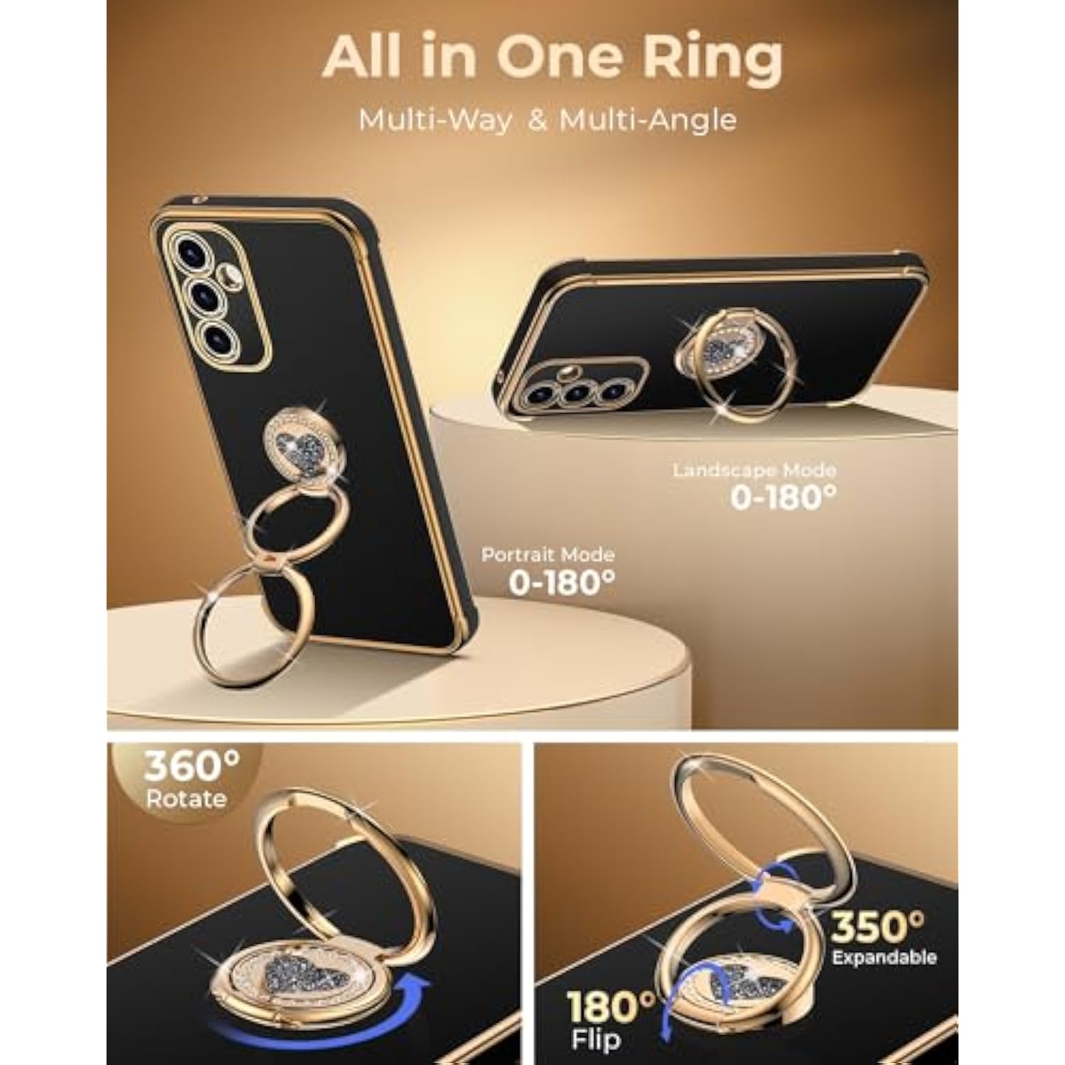 For Samsung Galaxy A15 5G Case With Stand,Phone Case With Double Ring Kickstand, Women Girls Bling Luxury Protective Phone Cover Heart For Samsung A15 5G, Black