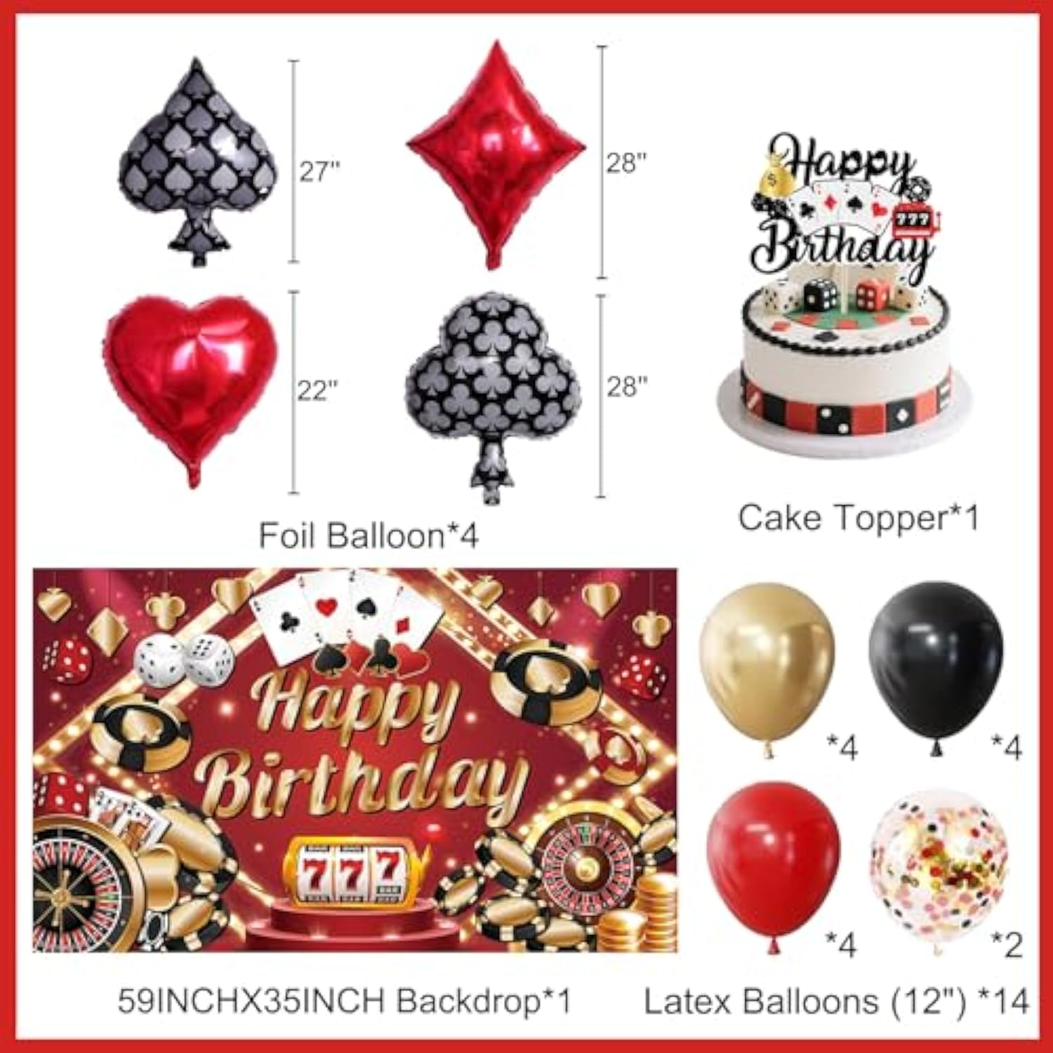Casino Birthday Decorations - Casino Theme Birthday Backdrop, Banner, Hanging Swirls, 3D Table Card, Balloons And Cake Topper For Poker Theme Party Supplies
