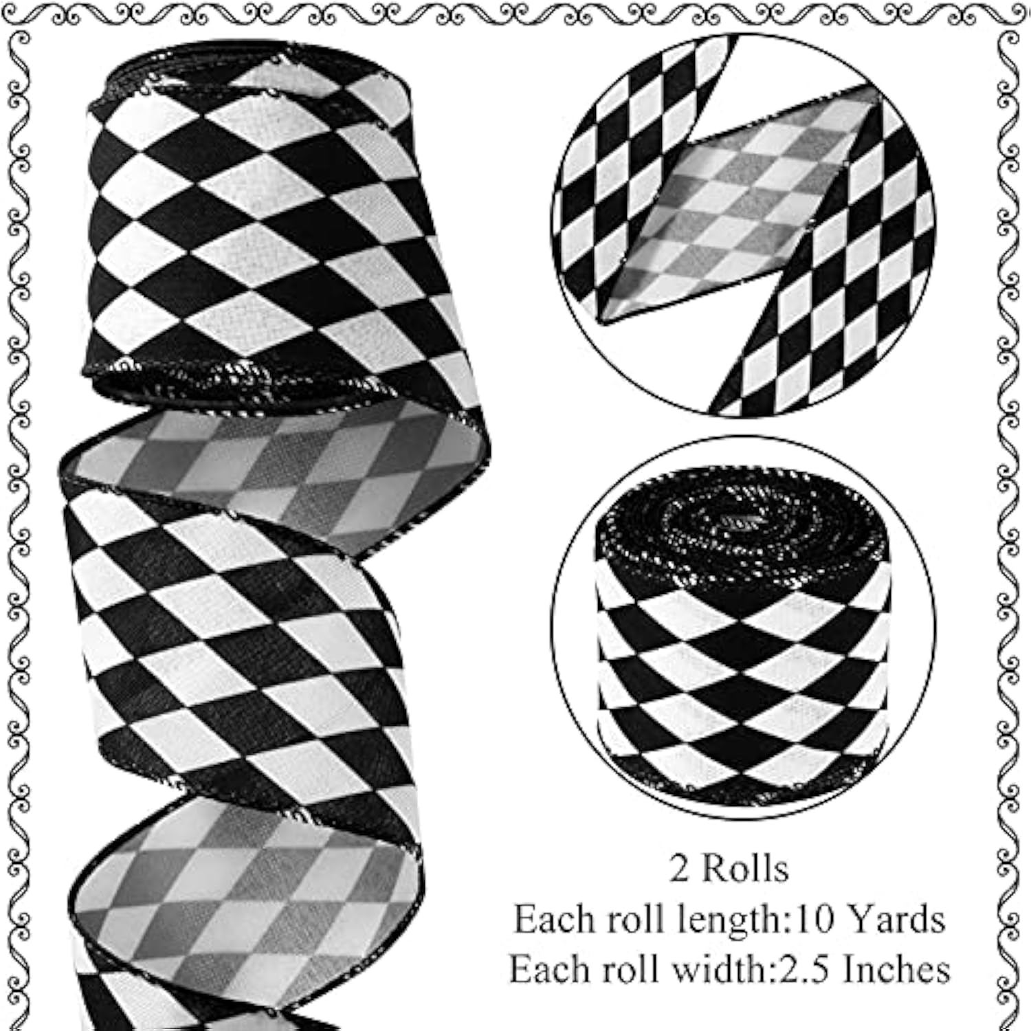 2 Rolls 2.6 Inch X 10 Yards Christmas Checkered Ribbon Black And White