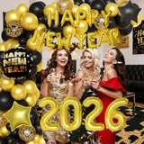 New Year Decorations 2026 with Black Gold Balloons Garland,Happy New Year Foil Balloon Banner, 32 Inch 2026 Number And Star Foil Balloons For 2026 Eve Decorations