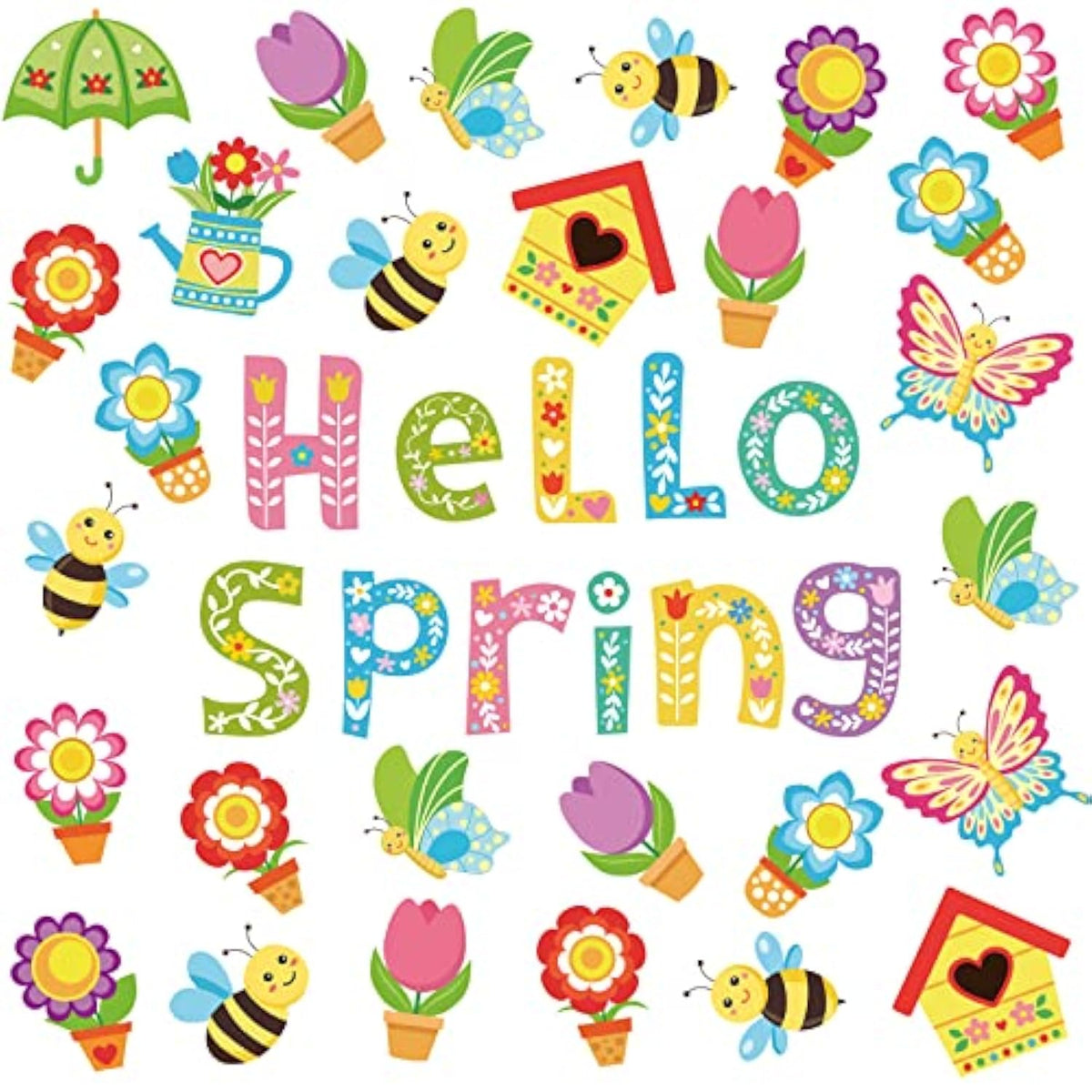 72 Pcs Hello Spring Cut Outs Flower Bulletin Board With 96 Pcs Glue Points Tulip Floral Bee Butterfly Cute Paper Cutouts For School Classroom Game Party Supplies(Fresh Style)