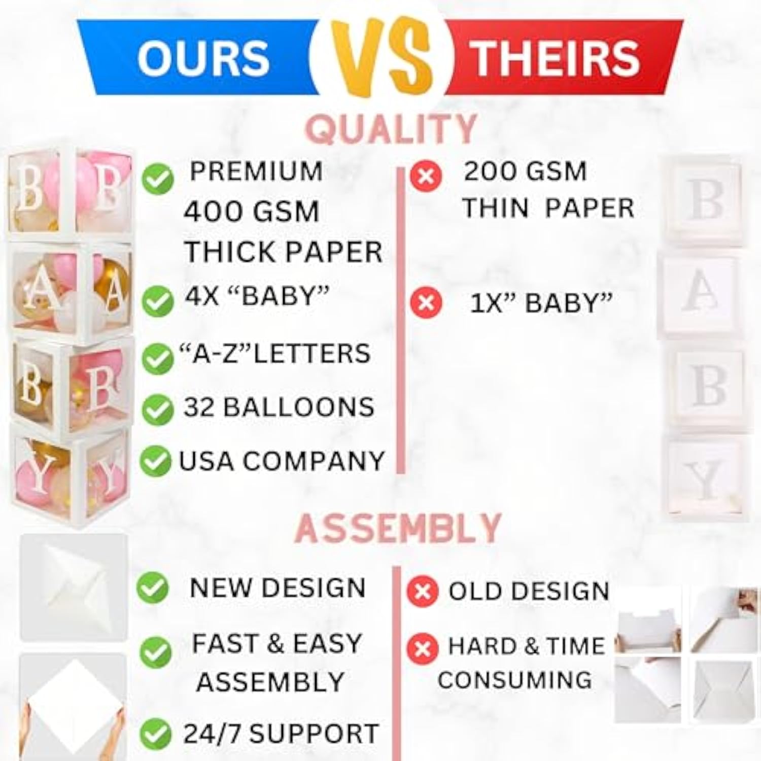 82 Pcs Baby Shower Decorations For Girl - Jumbo Baby Boxes With Letters 4X Baby & A-Z I Transparent Baby Blocks, Balloon Box White Pink Gold Confetti