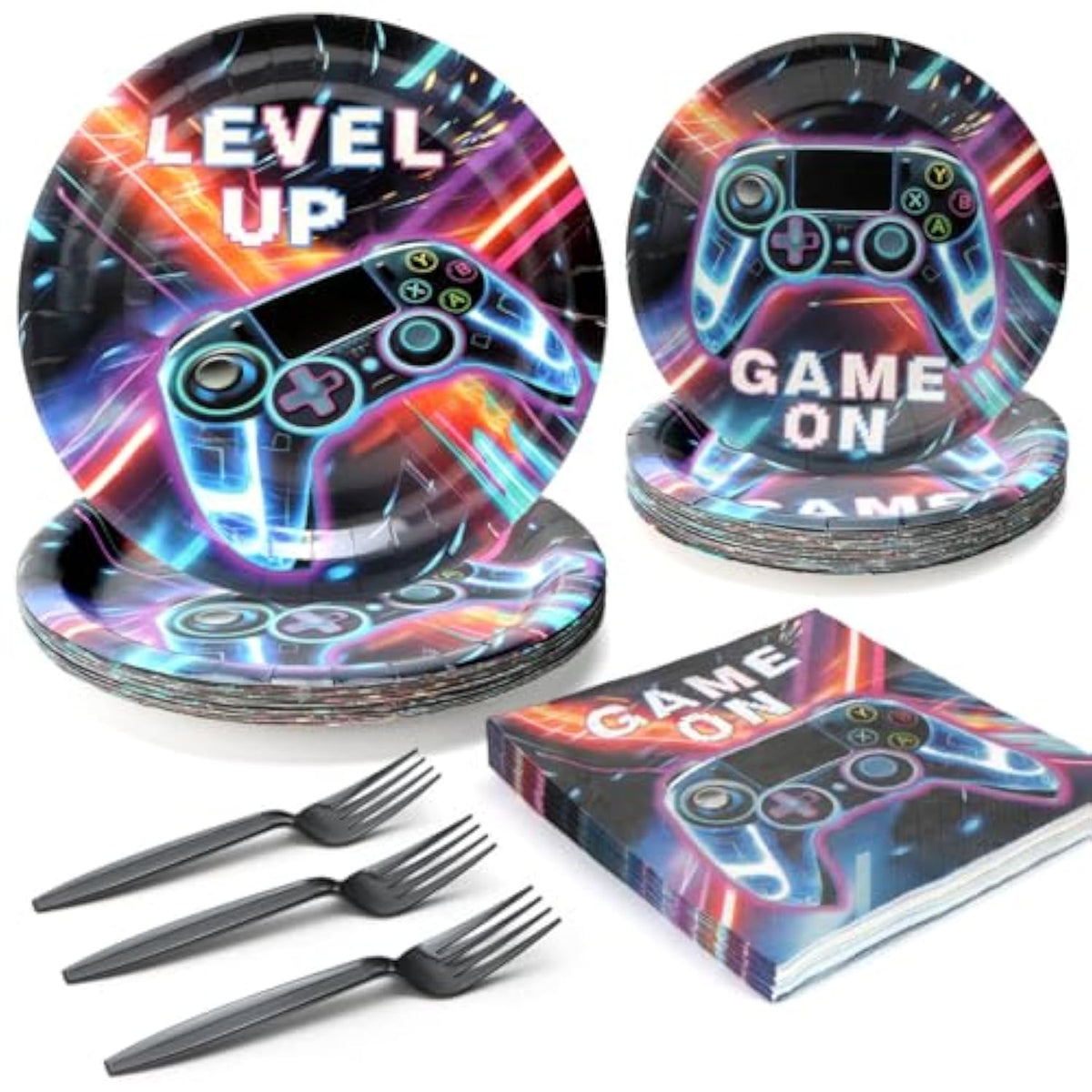 96 Pcs Party Plates, Video Game Paper Plates And Napkins Party Supplies For Video Game Theme Birthday For Gamer, Serve For 24 Guests, Blue And Purple