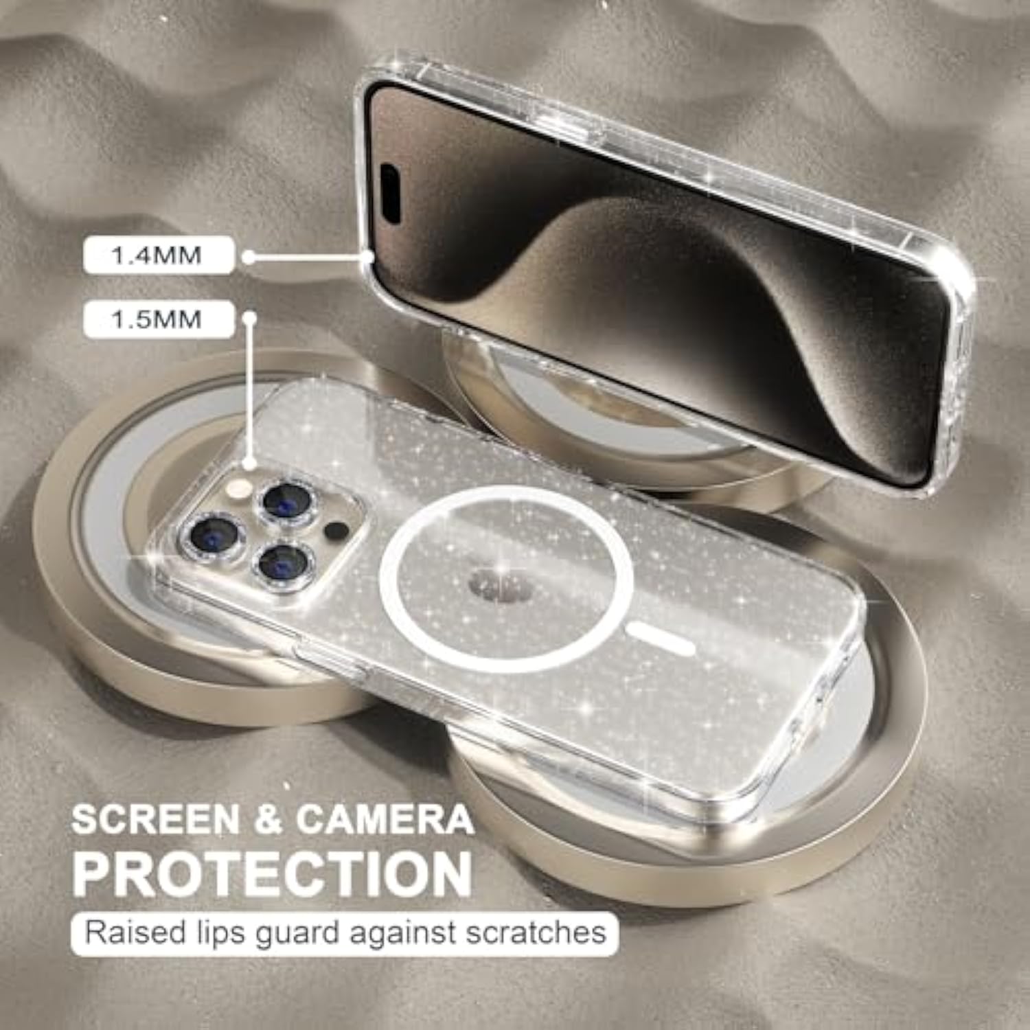 For Iphone 15 Pro Max Case Magnetic, Women Clear Glitter Bling Sparkly Case, [3Xdiamond Camera Lens Protectors] [2Xtempered Glass Screen Protectors] [Compatible Magsafe] (Glitter Clear)