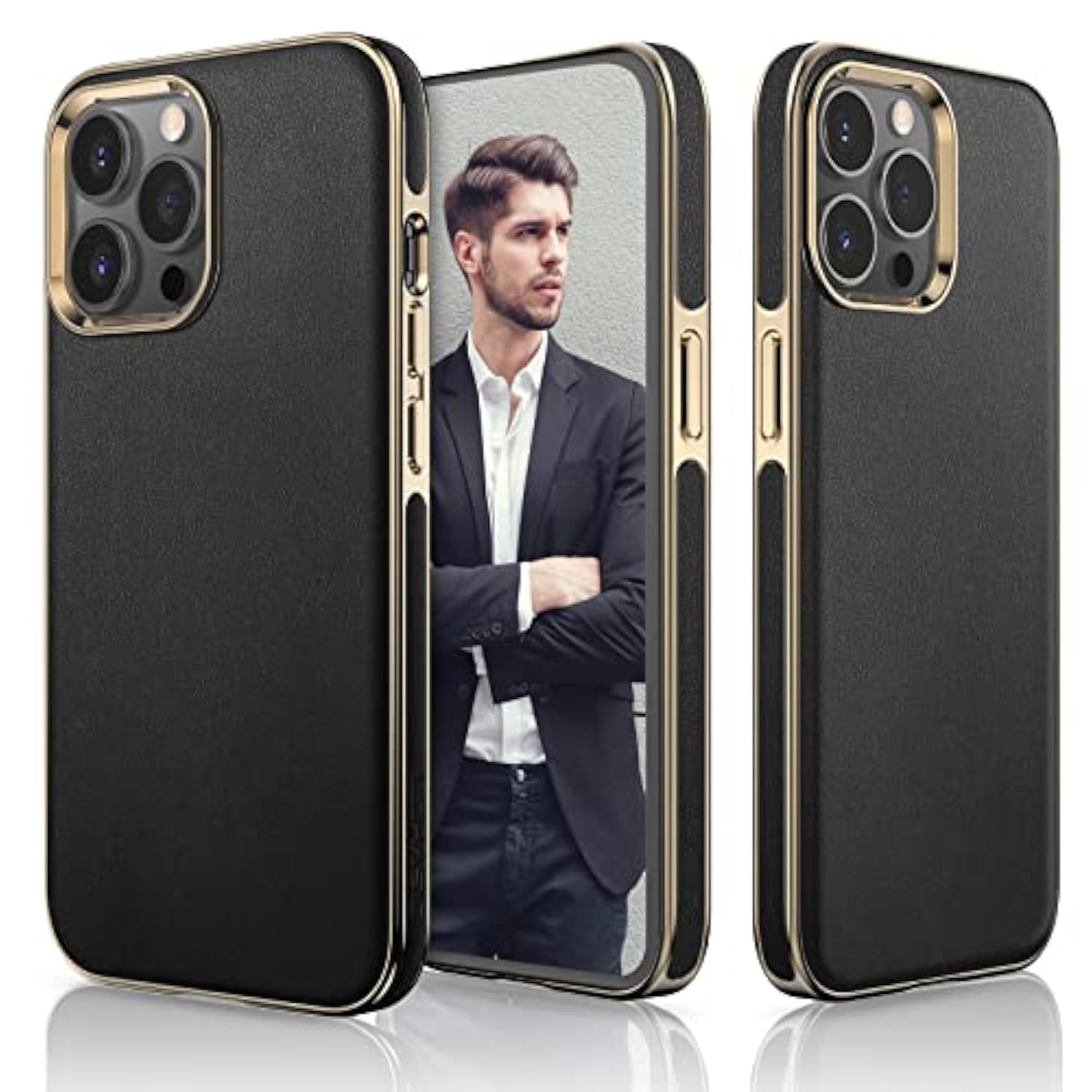 Designed For Iphone 13 Pro Leather Case, Luxury Business Classic Non Slip Soft Grip Full Body Protective Men Phone Cases Cover Compatible With Iphone 13 Pro 5G 6.1 Inch - Black Gold