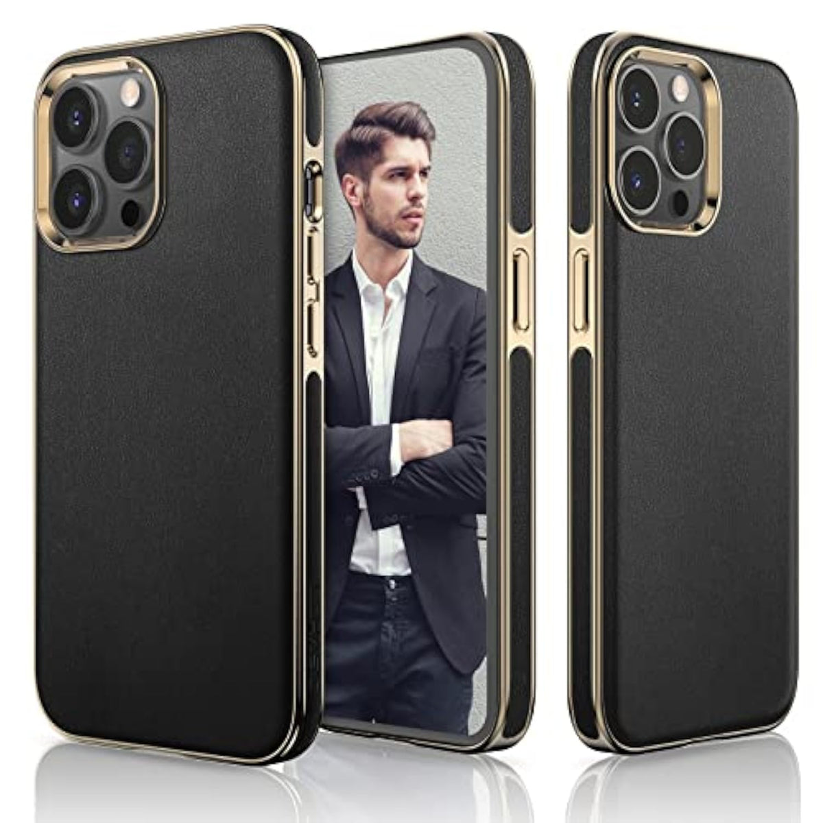 Designed For Iphone 13 Pro Leather Case, Luxury Business Classic Non Slip Soft Grip Full Body Protective Men Phone Cases Cover Compatible With Iphone 13 Pro 5G 6.1 Inch - Black Gold
