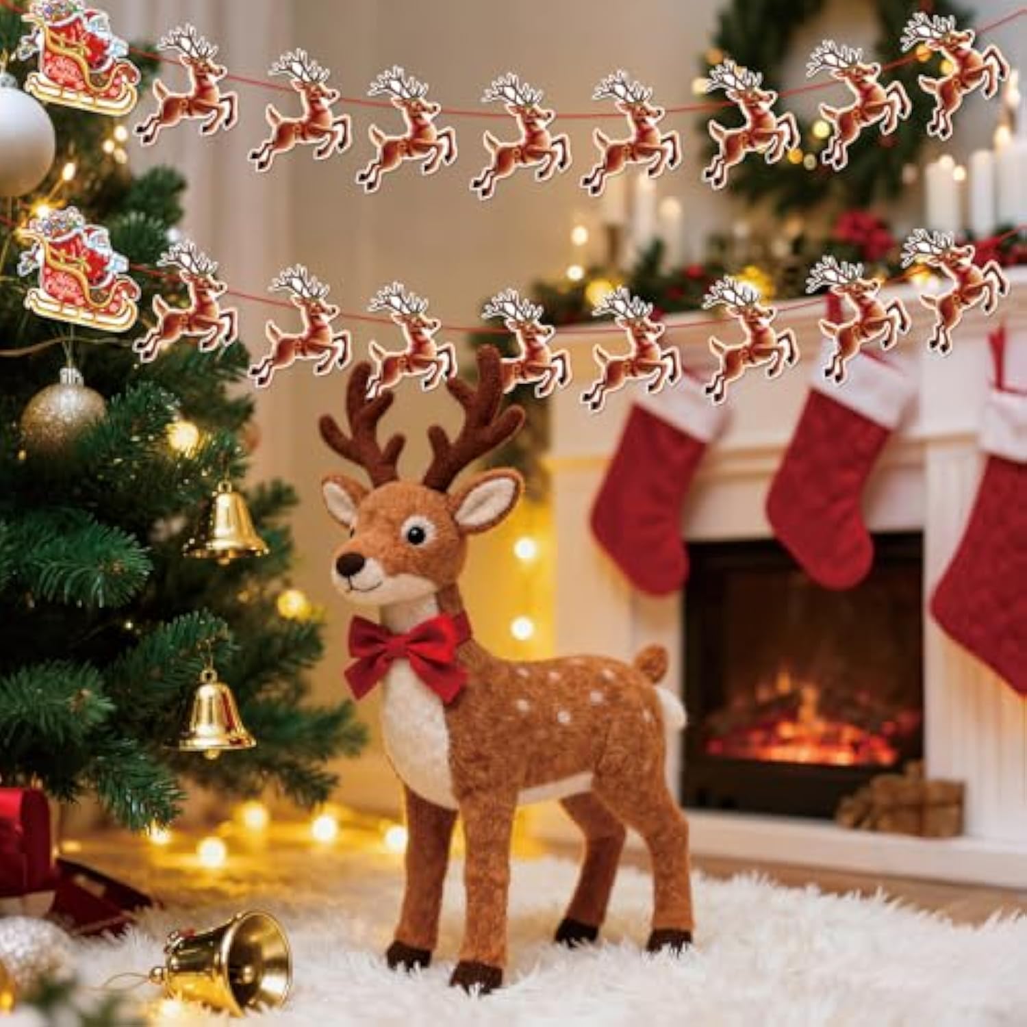 Christmas Banner,2 Set Pre-Strung Santa And Reindeer Bunting Garlands For Merry Christmas Party Decorations,Inside,Home, Office,Fireplace,Wall,Window Hanging Decoration,Xmas Holiday Decor Supplies
