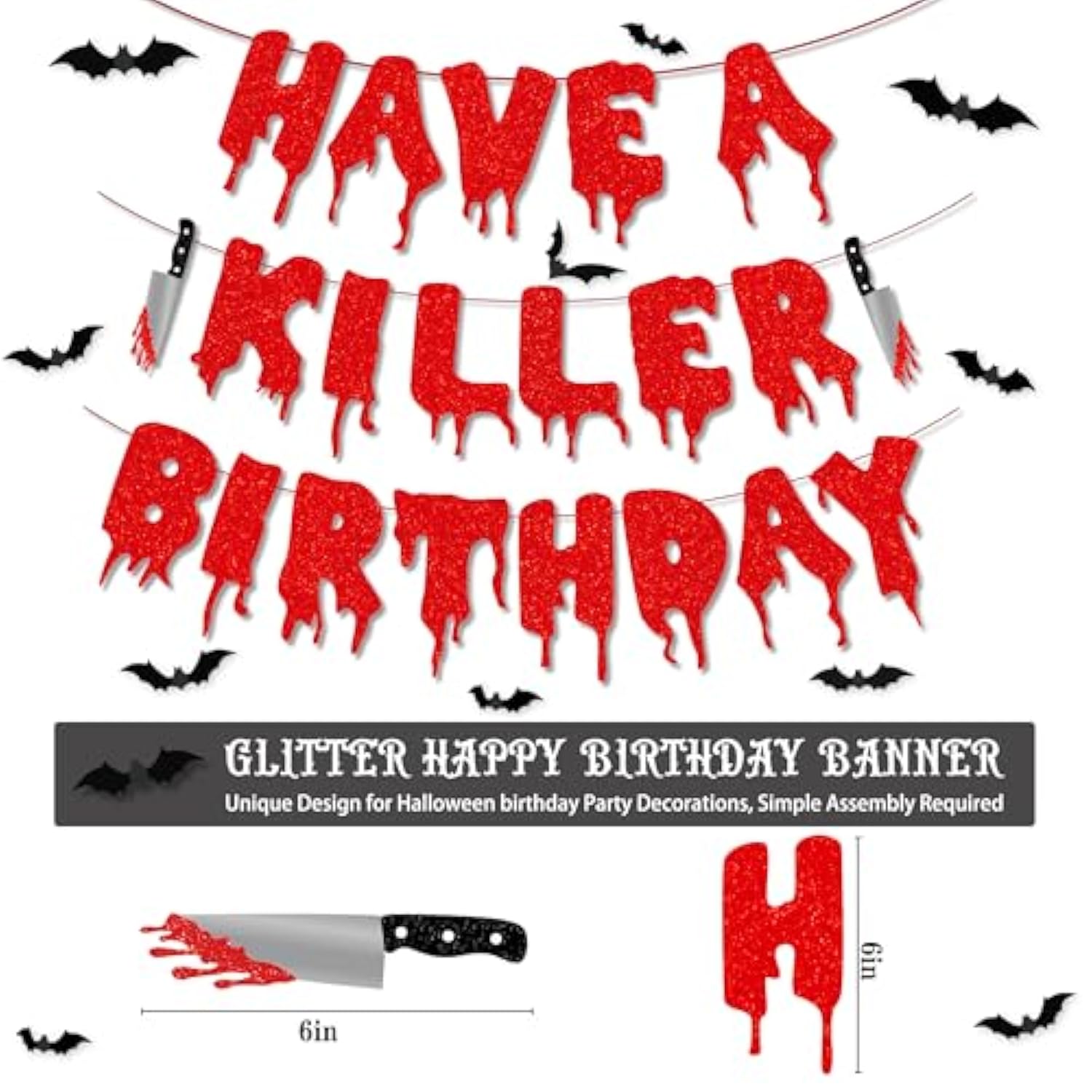 Have A Killer Birthday Decorations, Black Red Halloween Birthday Glitter Banner, Balloons, Blood Knife Cake Toppers For Halloween Decorations Supplies, Horror Backdrop Party Decor