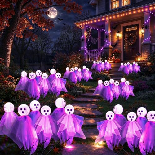 4 Pack Halloween Decorations Outdoor, Solar Scary Ghosts Lights, Purple