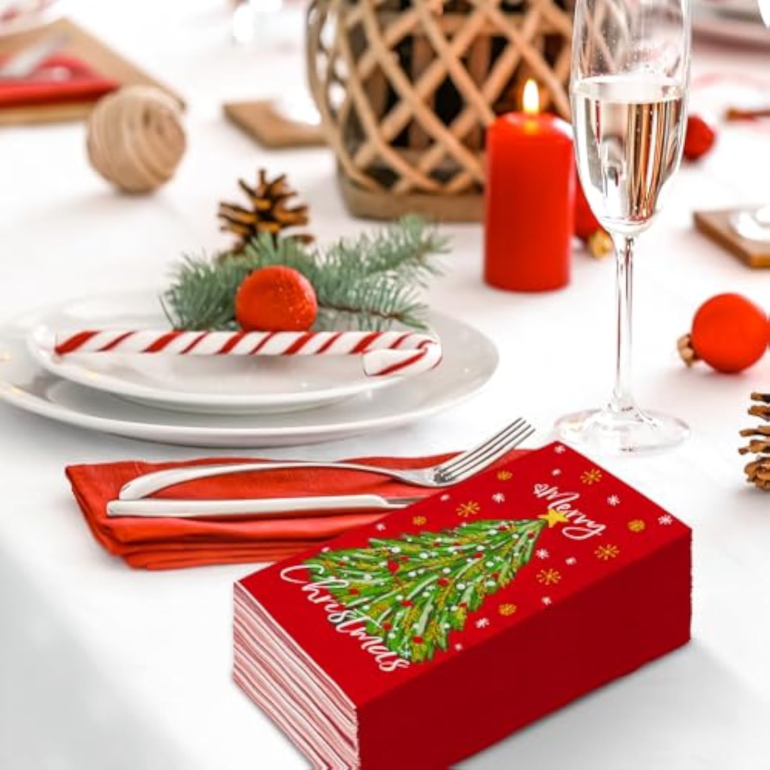 80Pcs Merry Christmas Guest Napkins Disposable Red Xmas Tree Snowflake Paper Napkins Dinner Hand Napkins For Winter Party Tableware Supplies