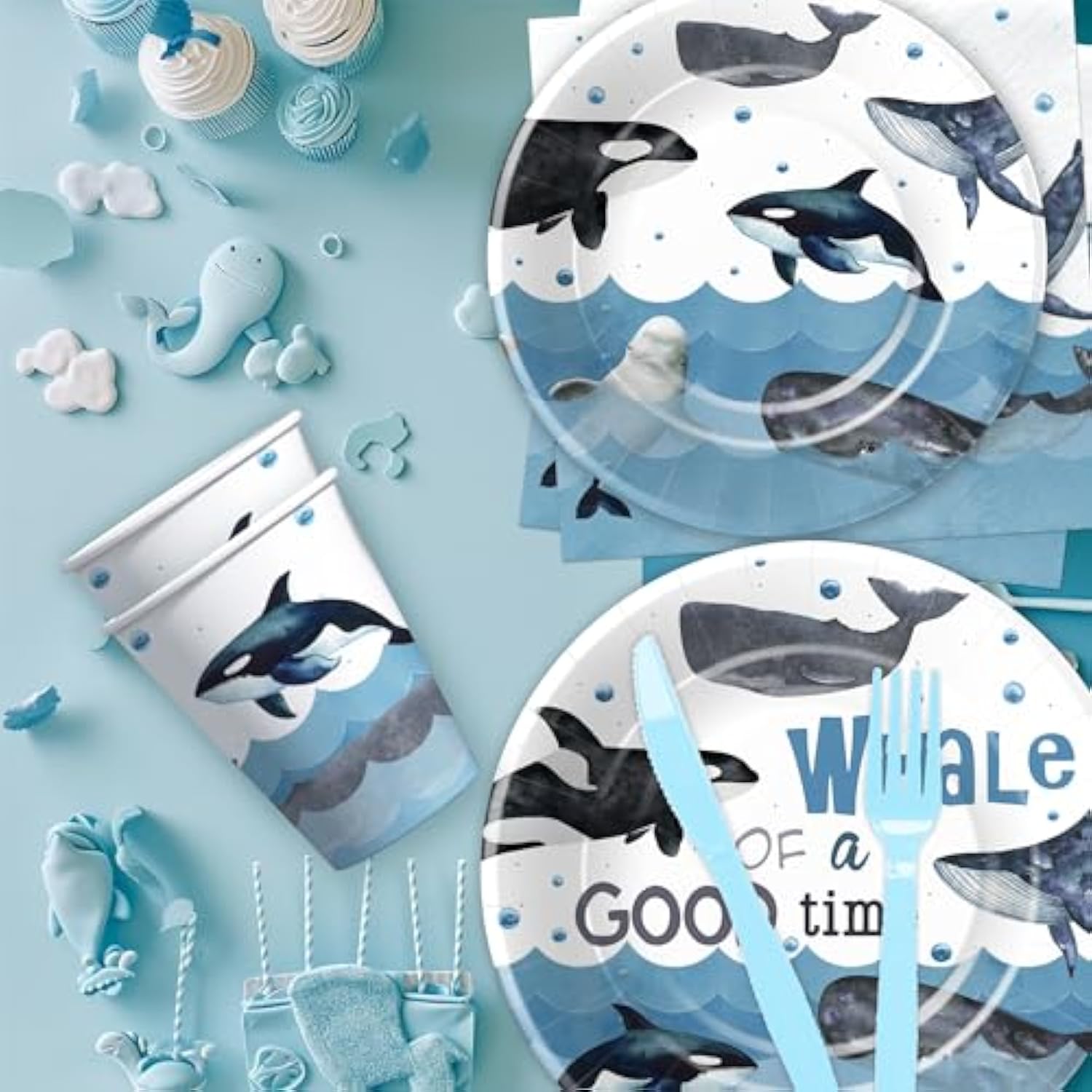 Whale Party Decorations Tableware For Birthday Baby Shower - Under The Sea Theme Ocean Whale Birthday Party Supplies, Paper Plate, Napkin, Cup, Cutlery | Serves 24