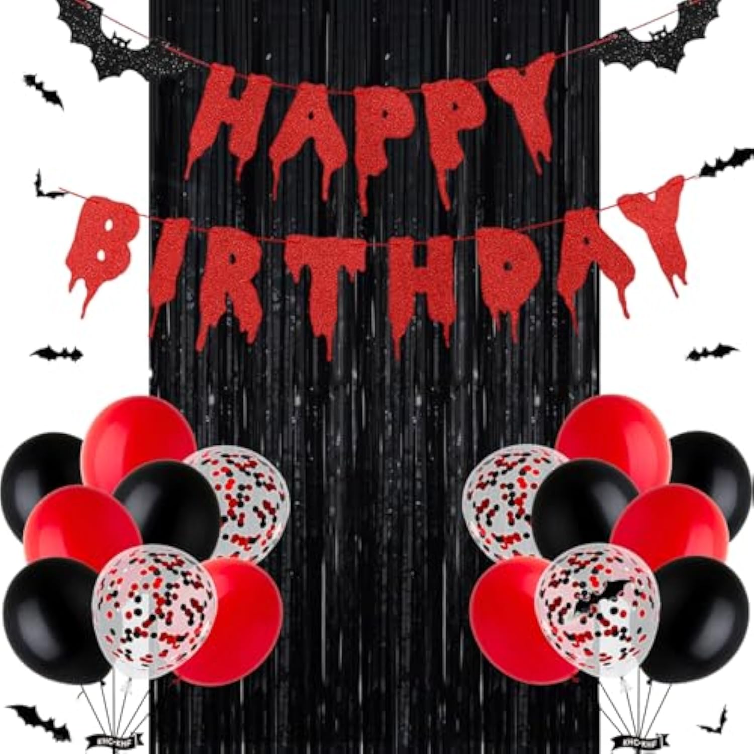 Red Black Happy Birthday Glittery Halloween Banner Black Foil Curtains Backdrop 3D Bat Sticker Latex Balloons Confetti Balloon For Birthday Party Decoration Halloween Party Supplies
