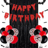 Red Black Happy Birthday Glittery Halloween Banner Black Foil Curtains Backdrop 3D Bat Sticker Latex Balloons Confetti Balloon For Birthday Party Decoration Halloween Party Supplies