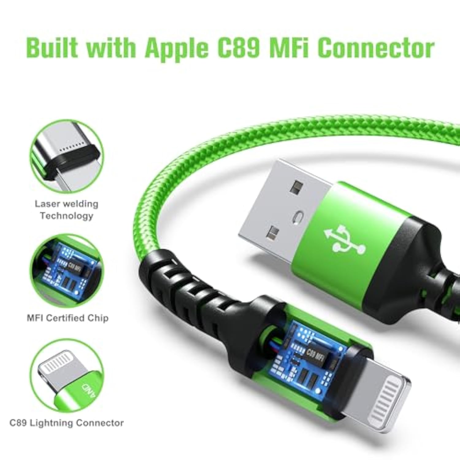 Apple C89 MFi Certified Lightning to USB-A Braided Cable for iPhone 14/13/12/11 Pro Pro Max Plus Mini, SE XS Max XR X, 8/7/6 Plus, iPad, AirPods, 4 Ft Green