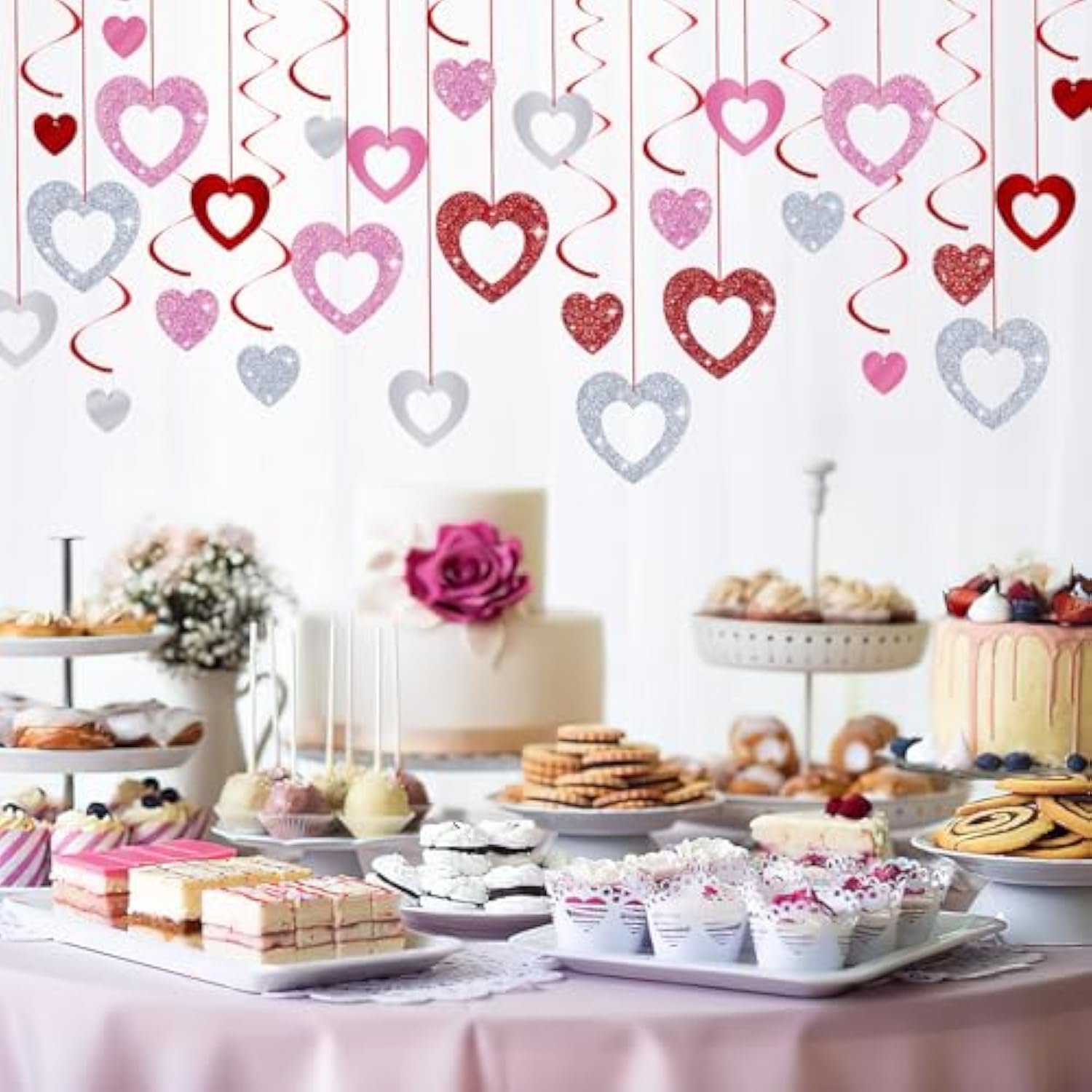 48 Pcs Valentine'S Day Decorations Glitter Valentines Heart Garland Ornament Red Pink Silver Heart Hanging Swirls Ceiling Decorations For Valentines Day Galentines Day Party Supplies