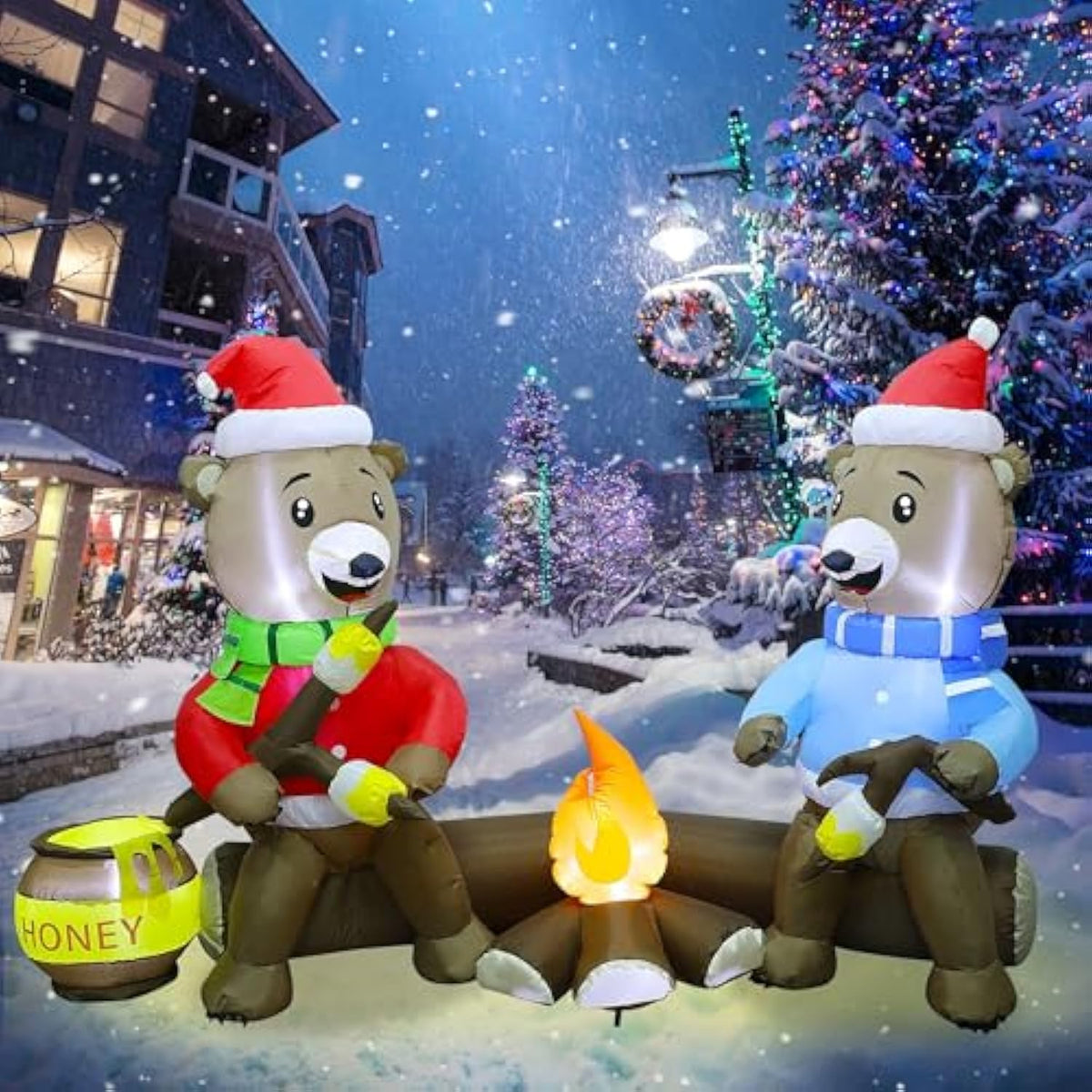 7Ft Christmas Inflatable Decorations, Light Up Sitting Bears Roasting Marshmallows Over Campfire, Xmas Lighted Blowups F
