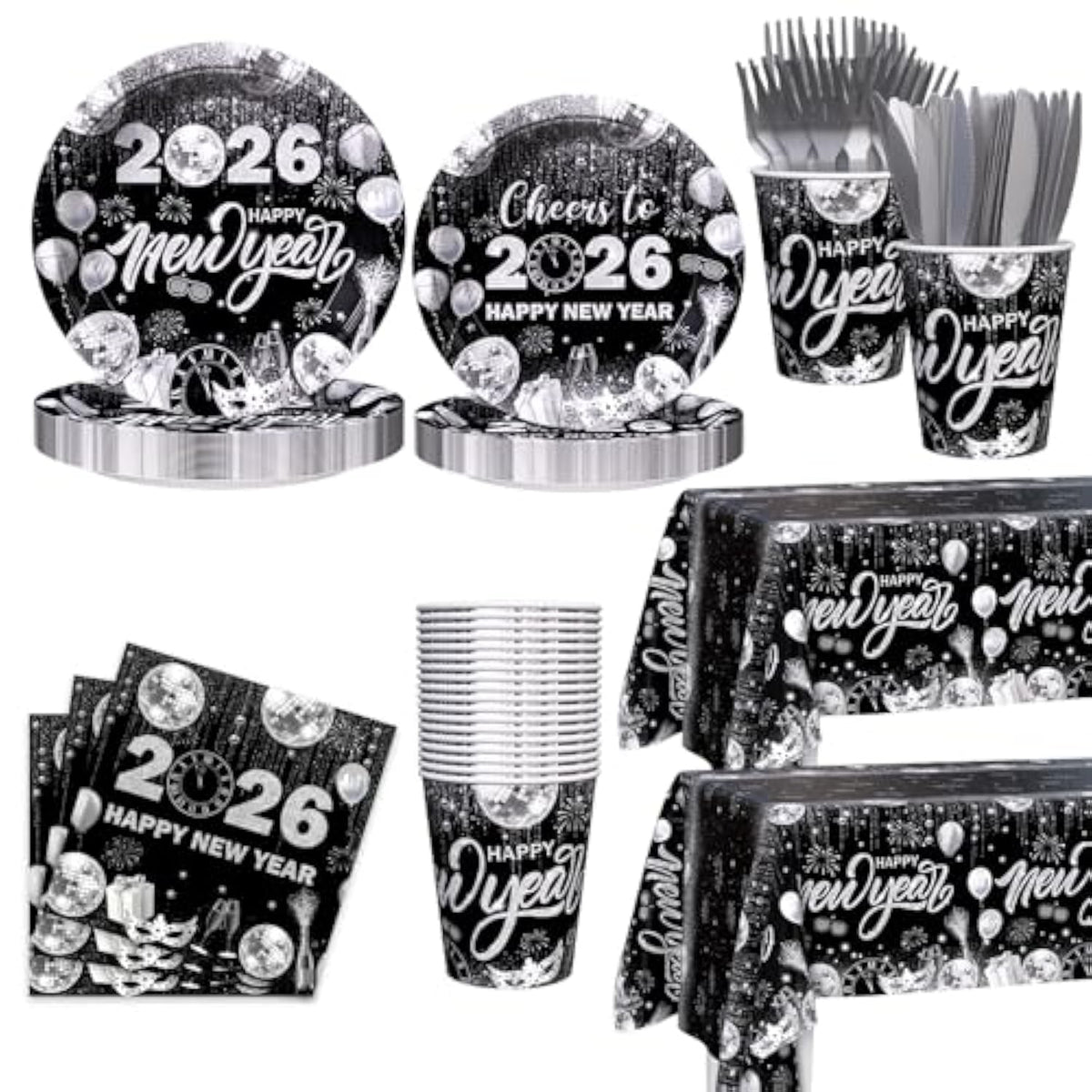 194pcs Black Silver New Year 2026 Party Tableware for 24 Guests