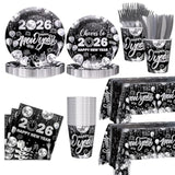194pcs Black Silver New Year 2026 Party Tableware for 24 Guests