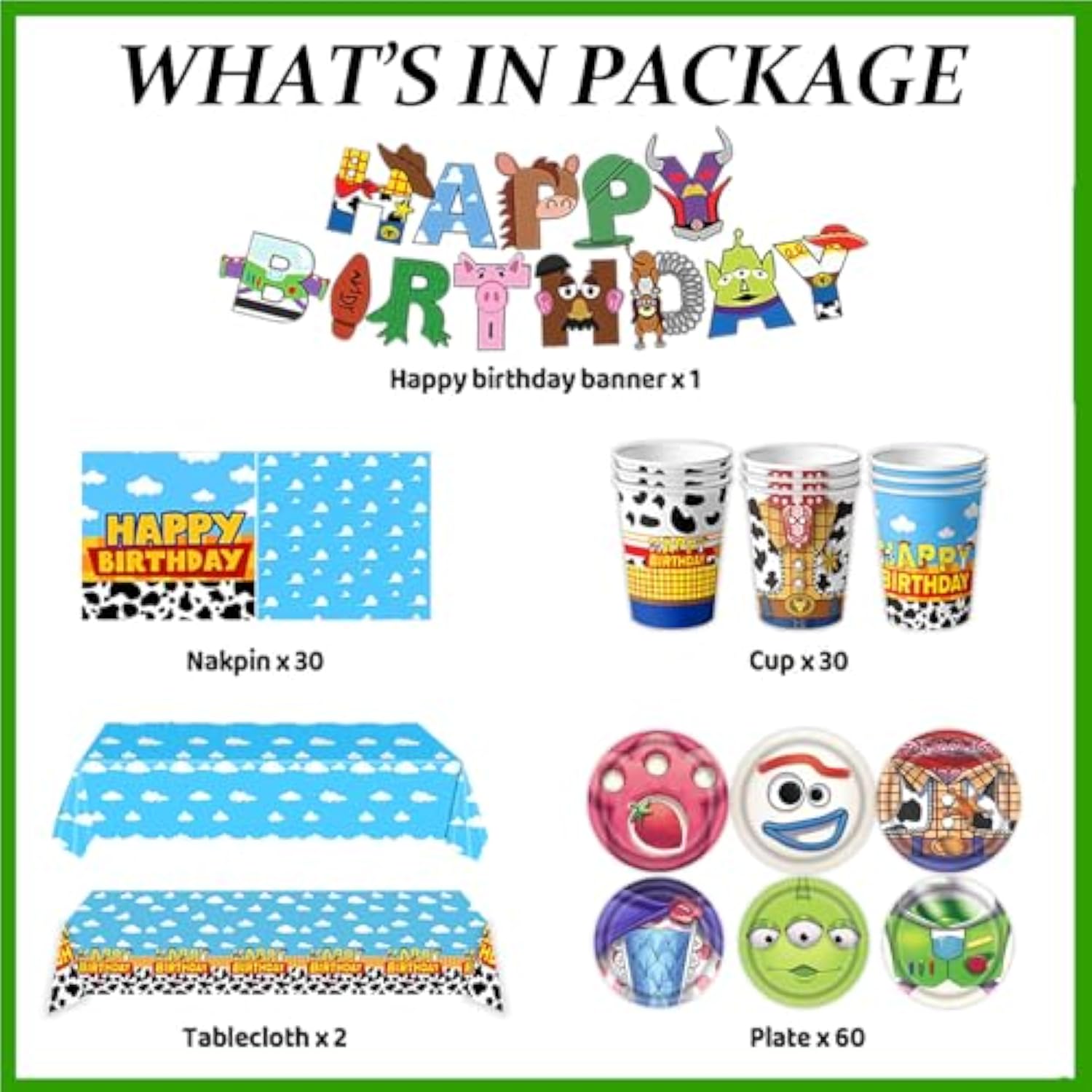 Toy Birthday Party Supplies,123Pcs Party Decorations Include 6 Different Style Paper Plates,Banner,Tablecloth,Napkins And Cups For Boys Girls Birthday Decor, Serve 30+Guest