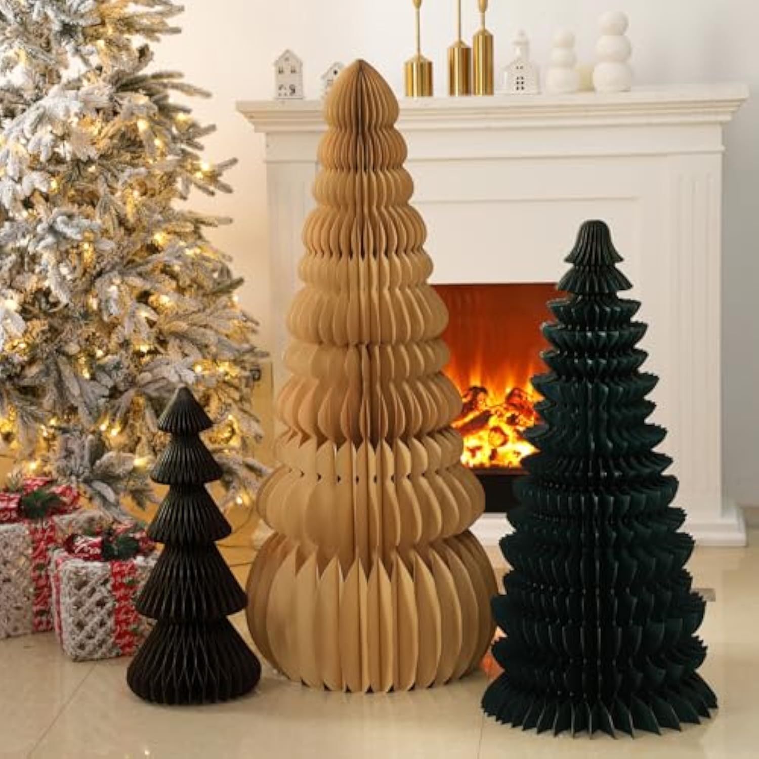 3 Pcs Large Honeycomb Christmas Tree - 4Ft 3Ft 2Ft Paper Christmas Folding 3D Home Decoration Set With Magnetic Design For Winter Holiday Festive Party (Classic,Beige,Green,Brown)