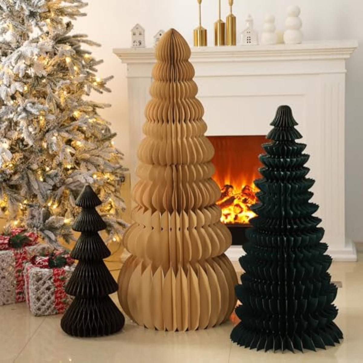 3 Pcs Large Honeycomb Christmas Tree - 4Ft 3Ft 2Ft Paper Christmas Folding 3D Home Decoration Set With Magnetic Design For Winter Holiday Festive Party (Classic,Beige,Green,Brown)