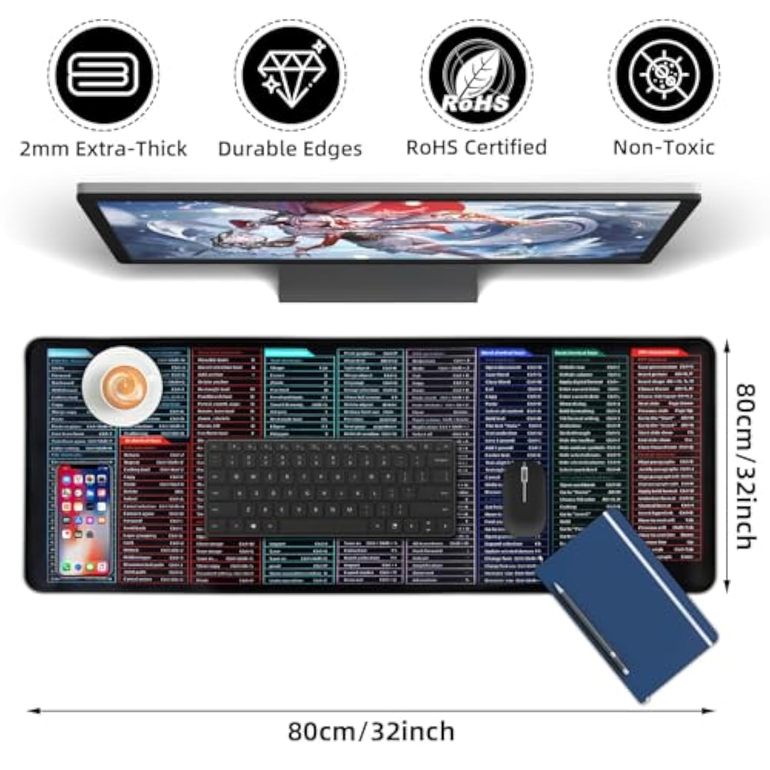 Quick Key Keyboard Mouse Pad, Non-Slip Desk Mat With Office Software Shortcuts Pattern, Upgraded Extended Large Rubber Base Mice Smooth Cloth Mouse Pad Desk Mat