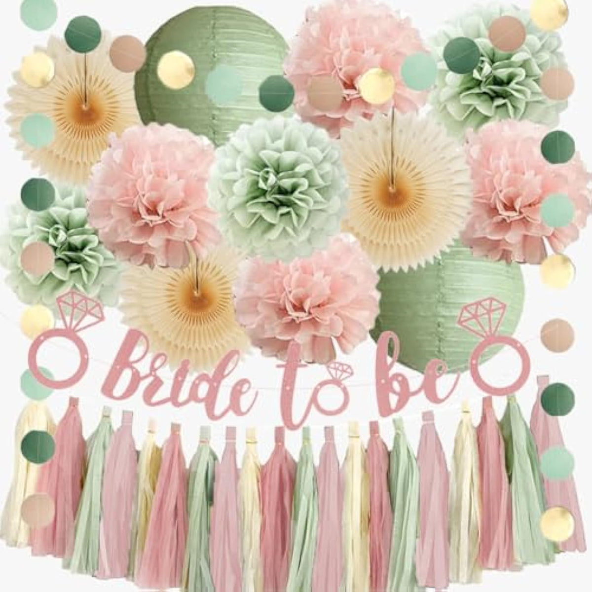 Sage Green And Blush Pink Bridal Shower Decorations Boho Bride To Be Decorations Sage Green And Pink Bachelorette Party Decorations Beige Fans Dusty Rose Tissue Pom Poms With Cream Tassel Garland