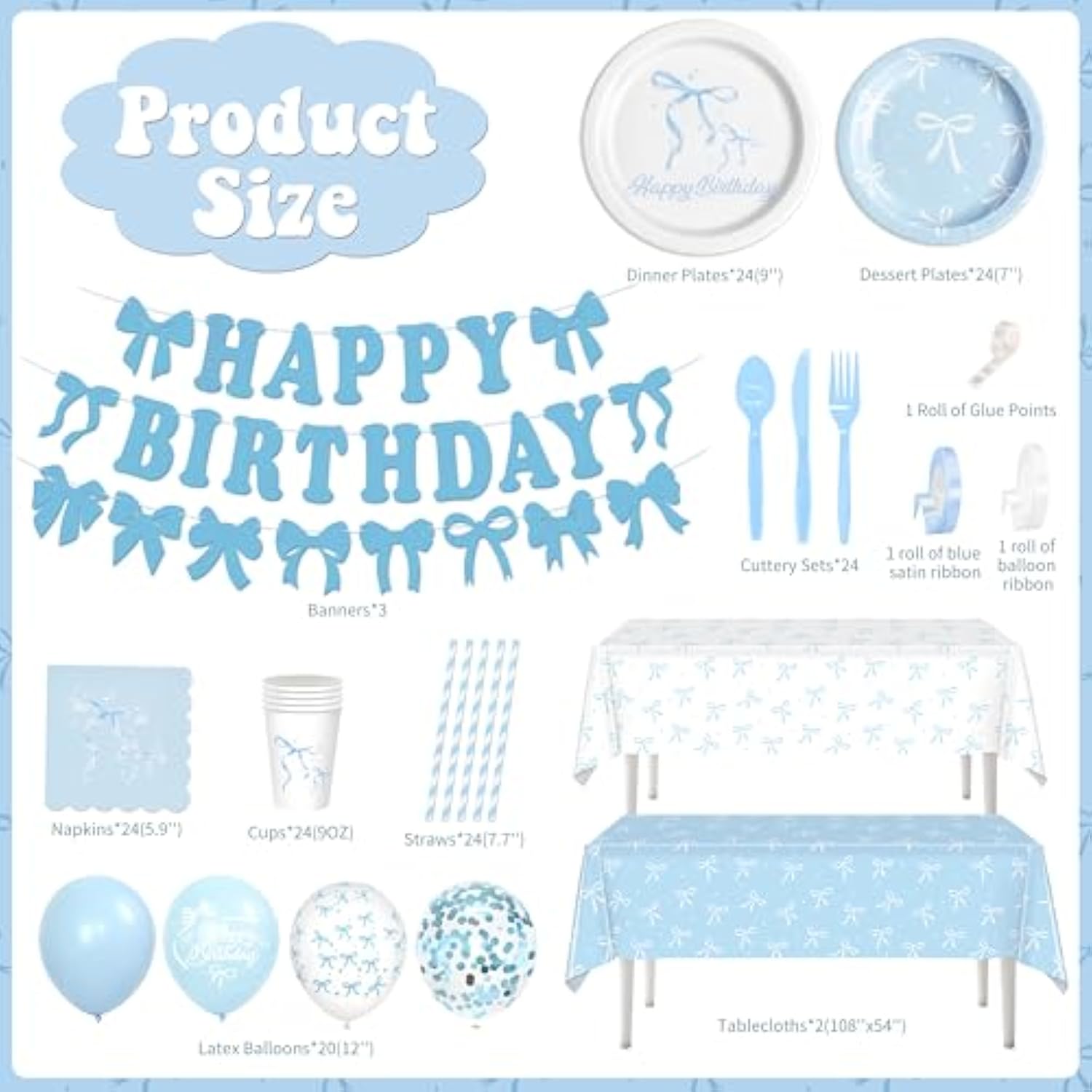 Blue Bow Birthday Party Supplies, 220Pcs Coquette Birthday Decorations Includes Bow Plates Napinks Cups Straws Cutlery Tablecloths Banners And Balloons Blue Bow Theme Tableware Serves 24 Guests