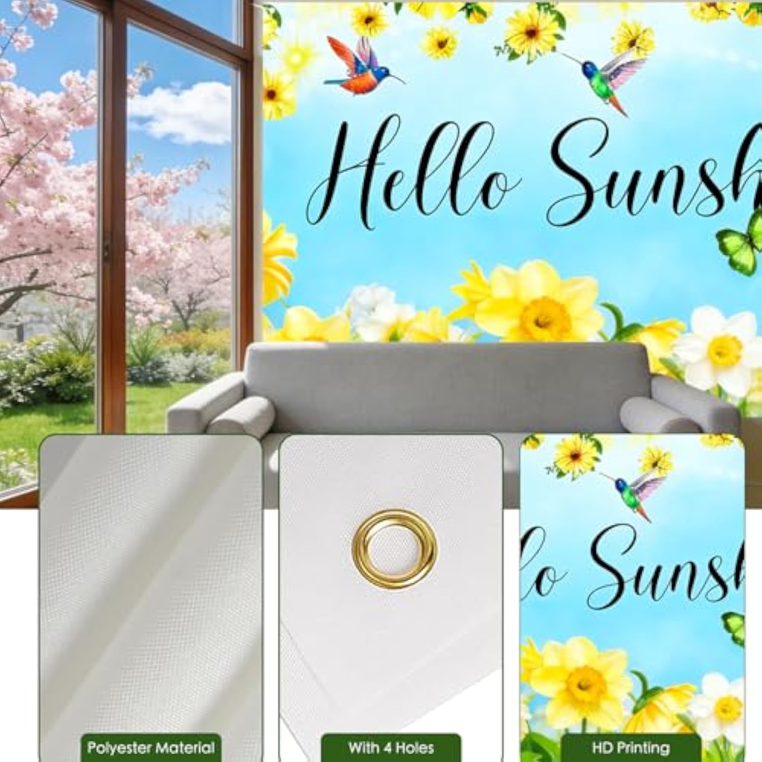 Hello Spring Banner - Hello Sunshine & Daffodil Theme - 71X43 Inches Polyester - Spring Banners For Outside - Banner For Lawn, Yard, Patio