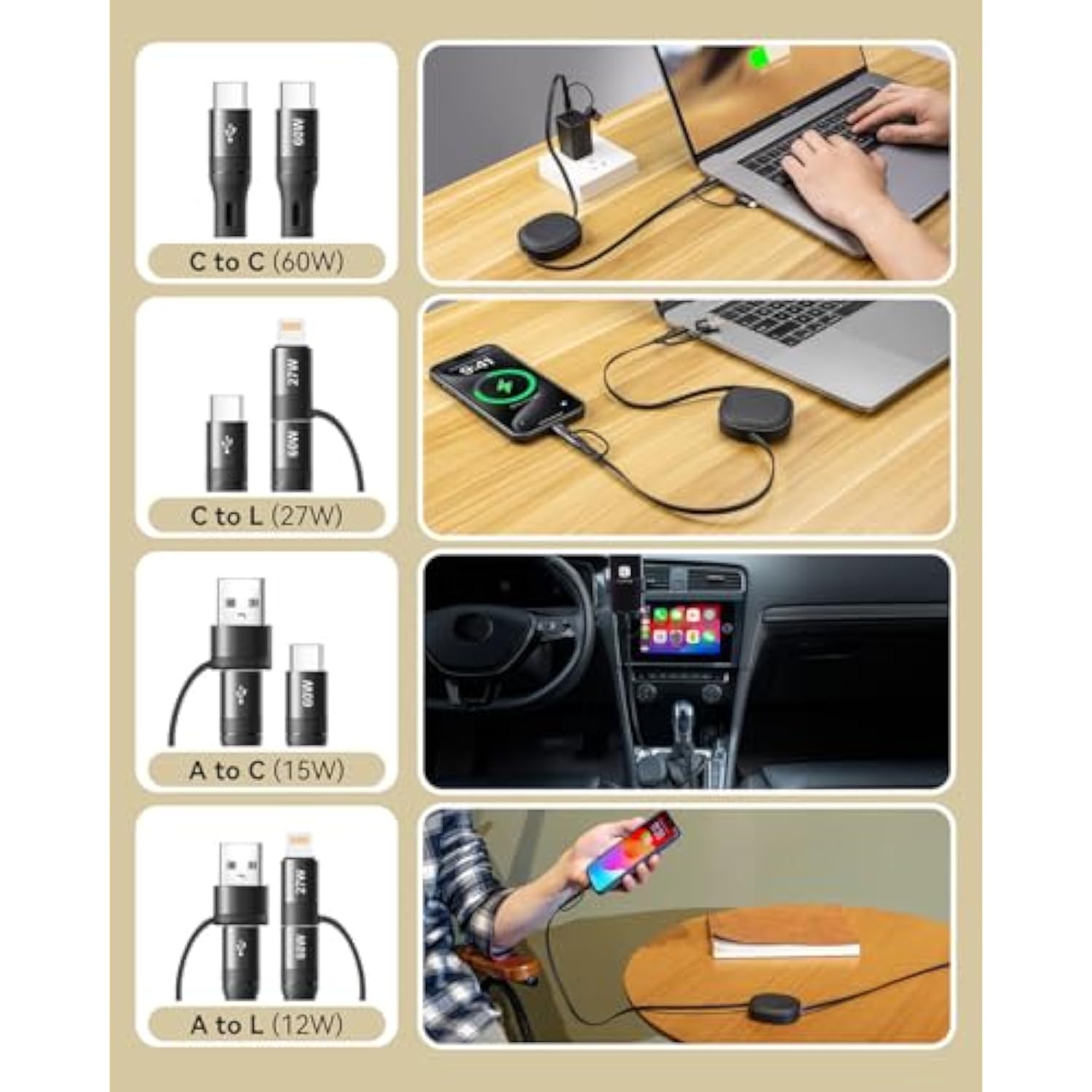 5 In 1 Retractable Iphone Fast Charging Cable, 2Pack 60W Multi Charging Cable 3.8Ft Multiple Lightning Charger Cord With Usb-A/C To C/L Port For Iphone 16 15 14 13,Ipad,Samsung S24 S23,Tablet & More