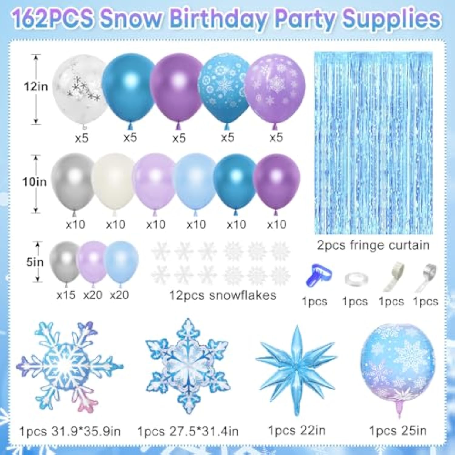 162Pcs Snow Birthday Party Supplies, Snow Balloon Garland Arch Kit Fringe Curtain Blue Purple Snowflake Confetti Balloons Princess Winter Wonderland Girl Baby Party Decorations