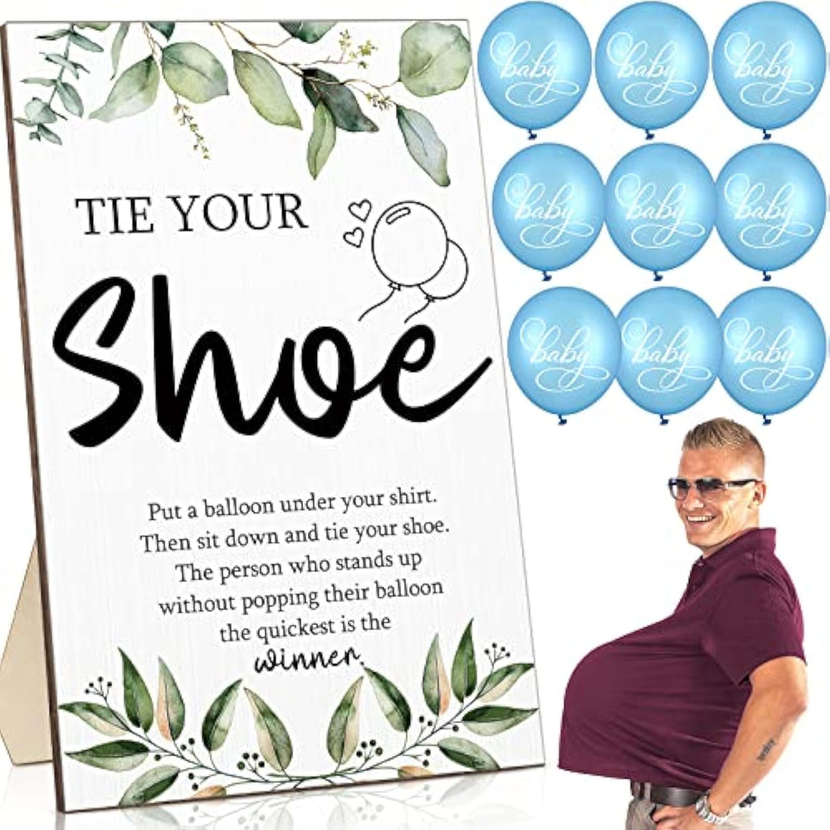 51 Pcs Tie Your Shoe Baby Shower Game Sign Wooden Sign Greenery Gift Sets Gender Reveal Party Favors 50 Balloons Latex Balloons For Game Supplies(Blue,Leaf)