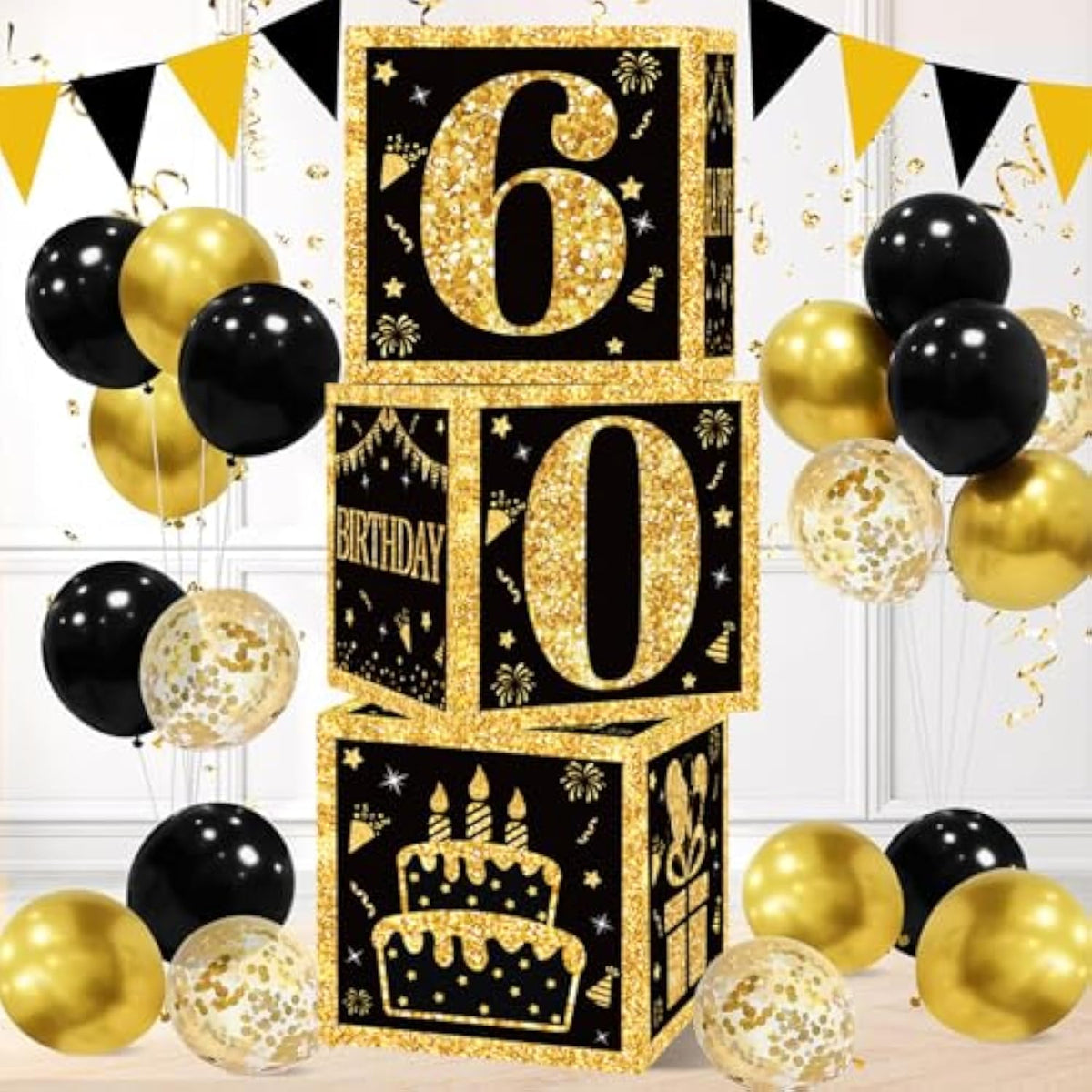 3 Pc Black/Gold 60th Birthday Balloon Boxes: Party Decorations for Men & Women