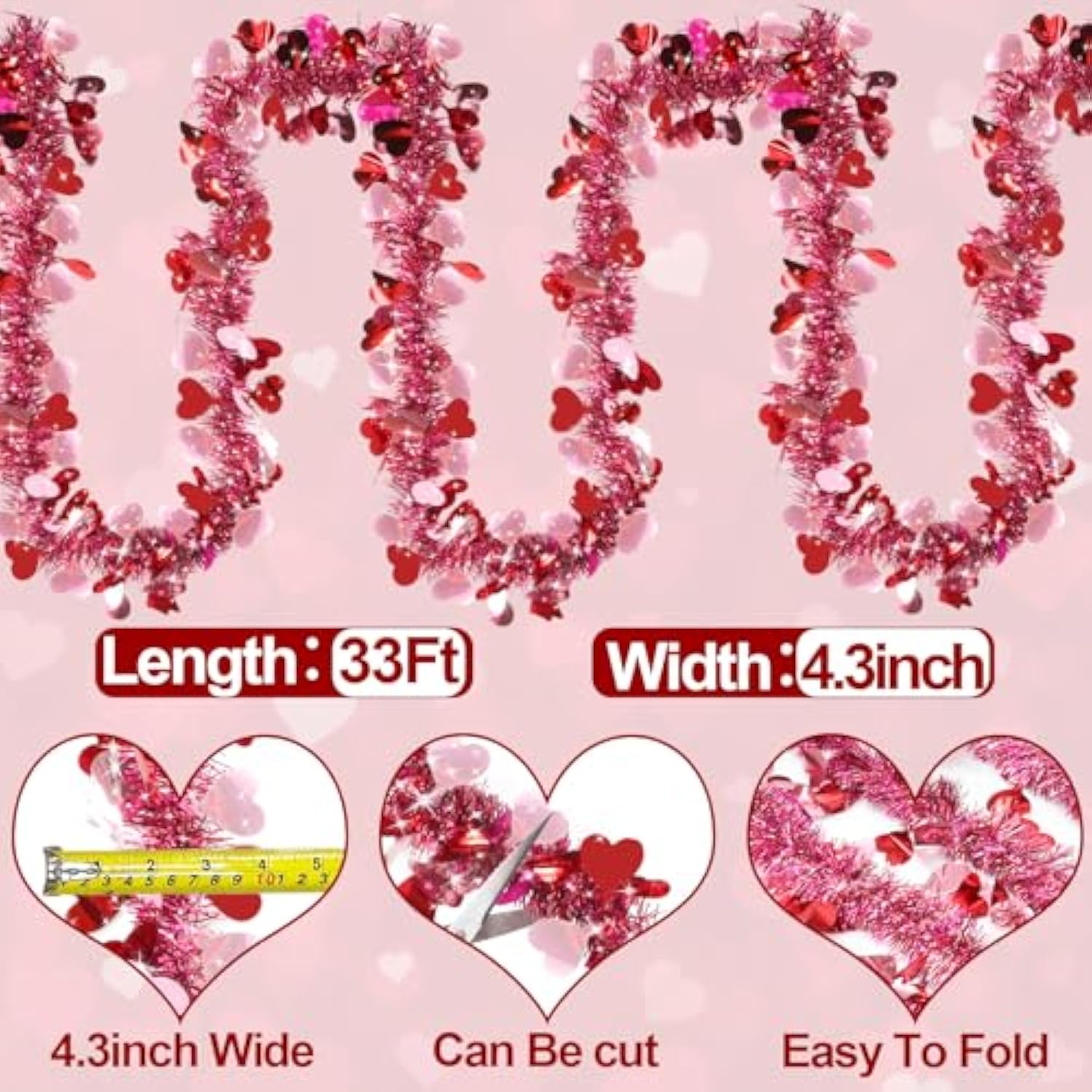 2 Strings Total 66 Feet Valentines Heart Tinsel Garland Decorations Red Pink Twist Garland Metallic Streamer Valentine'S Day Decorations Home Tree Indoor Outdoor Wedding Hanging Decor