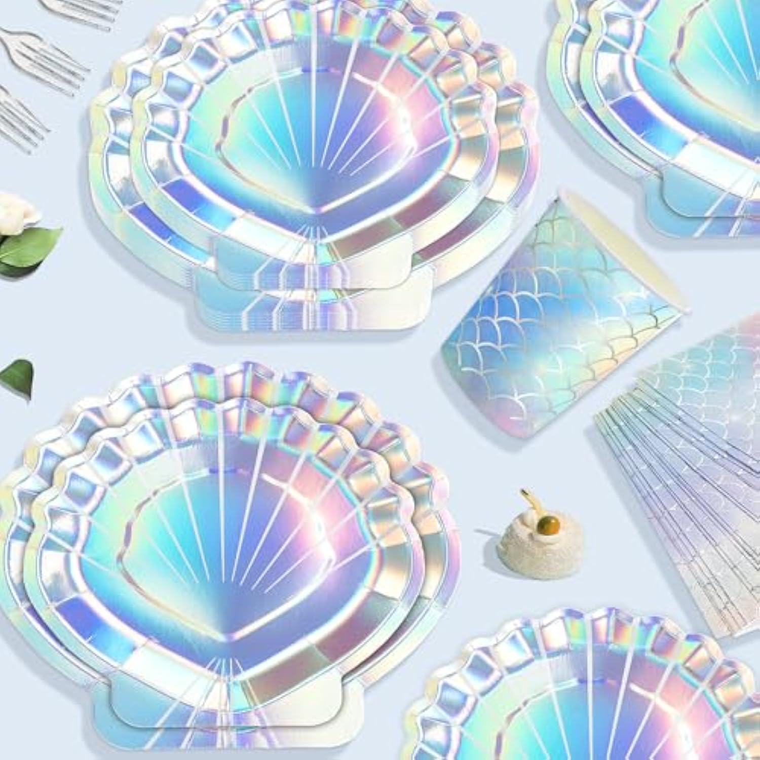 Summer Mermaid Party Supplies For Girls Baby Shower Birthday Party Under The Sea Themed Decor Iridescent Shell Plates Napkins Cups Knives Forks Tablecloths Banners Serves 20 Guests 122Pcs