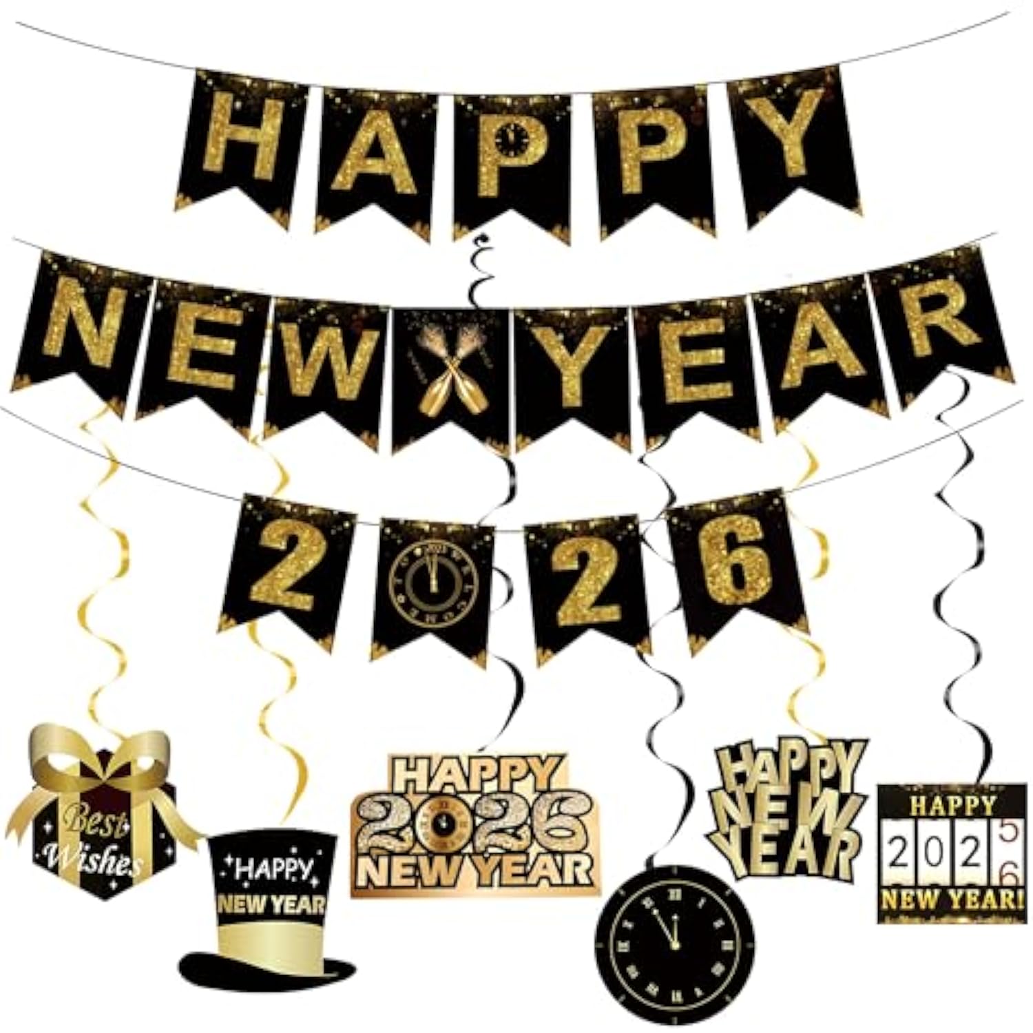 6 Pcs Black Gold Happy New Year 2026 Hanging Swirls Banner Decorations